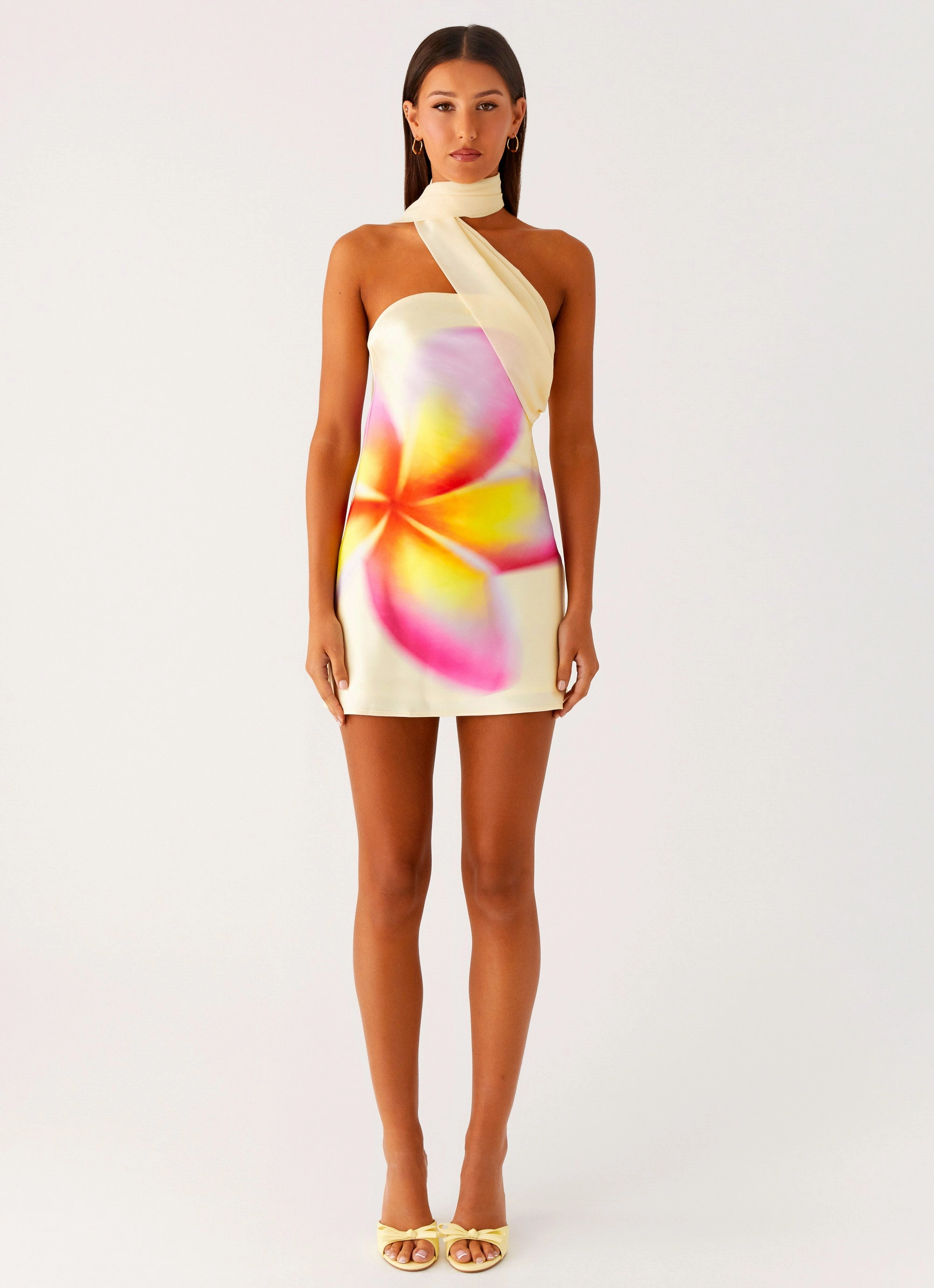 Waist-Cinching Casual event outfit Isa Scarf Satin Mini Dress - Frangipani Yellow
