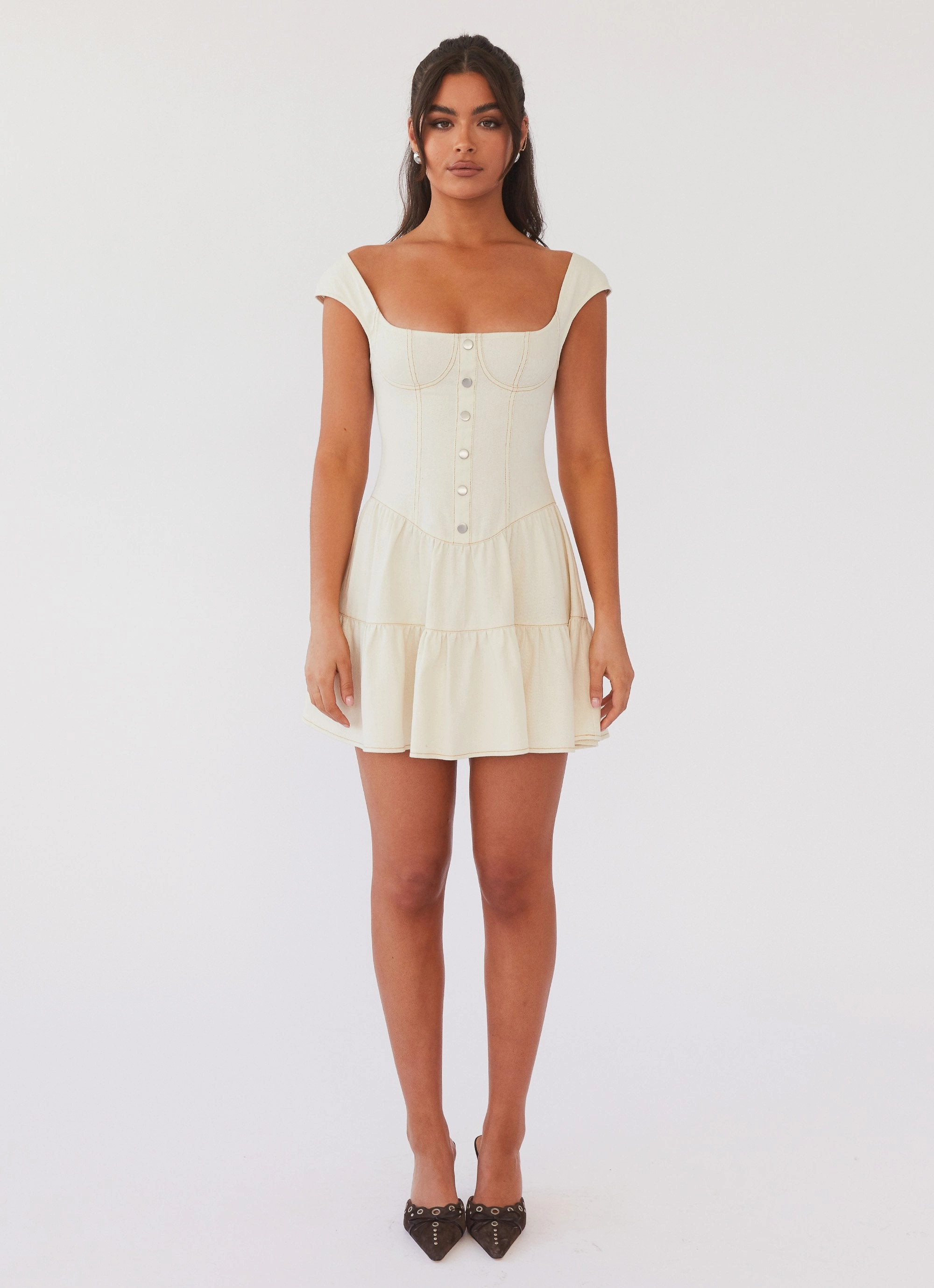 Raglan-Sleeve Padded-Bust Isabella Denim Bustier Dress - Antique