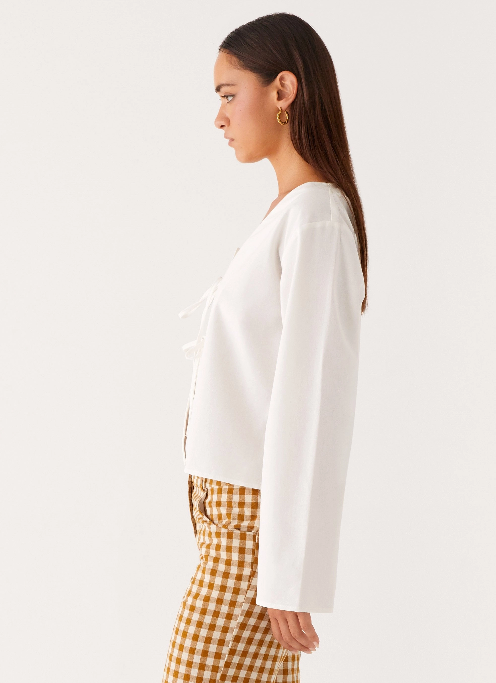 Isabelle Tie Front Top - White Reinforced Hemline