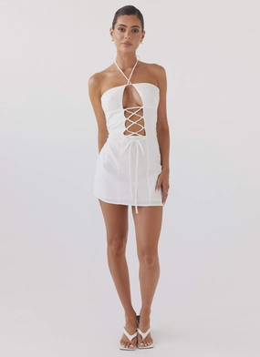 Island Echoes Linen Mini Dress - White Party Floral