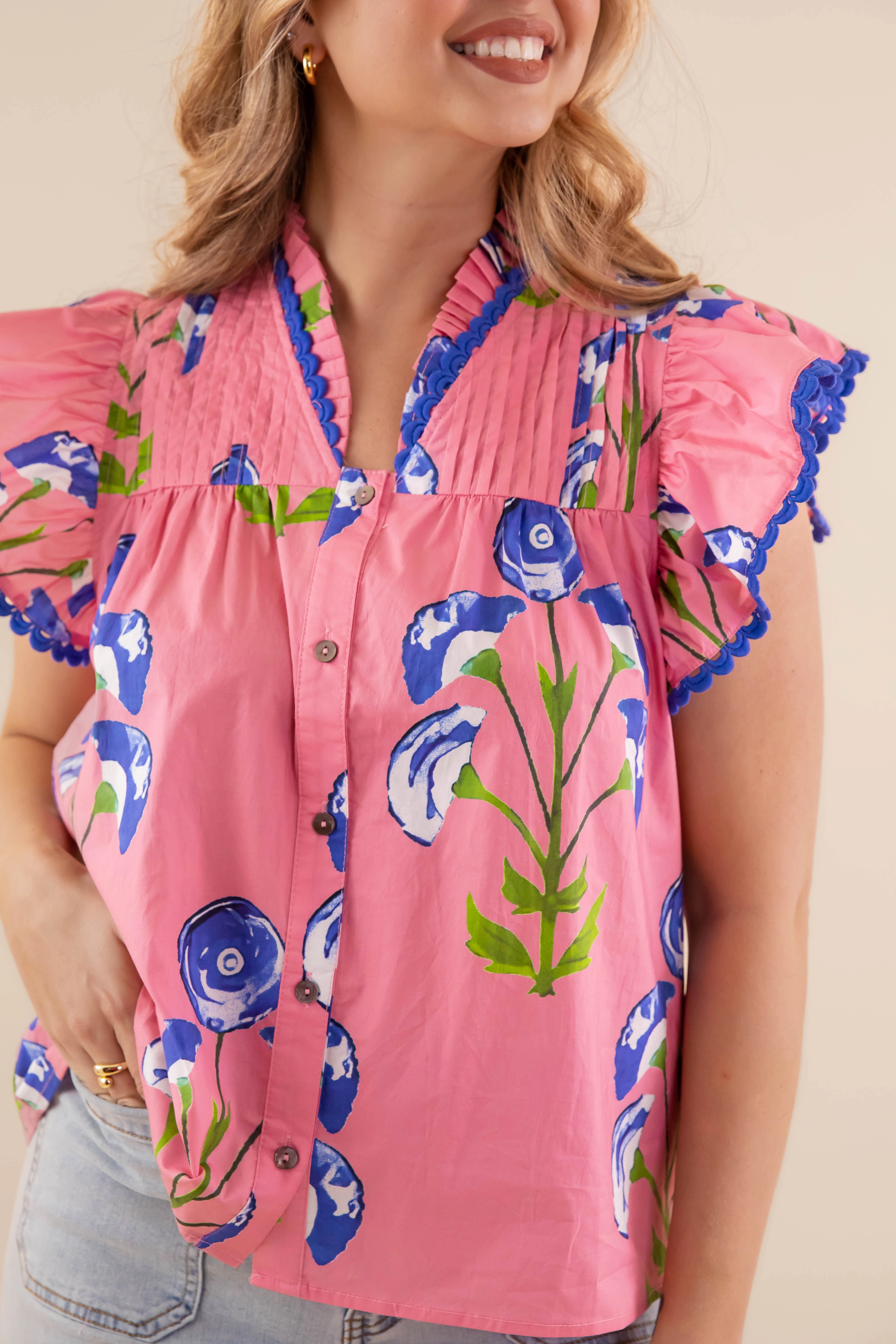 Modular Pocket Layout Roll Up Sleeve Design It's Been Done Blouse-Pink