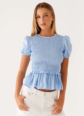 Izzy Shirred Top - Blue SoftKnit