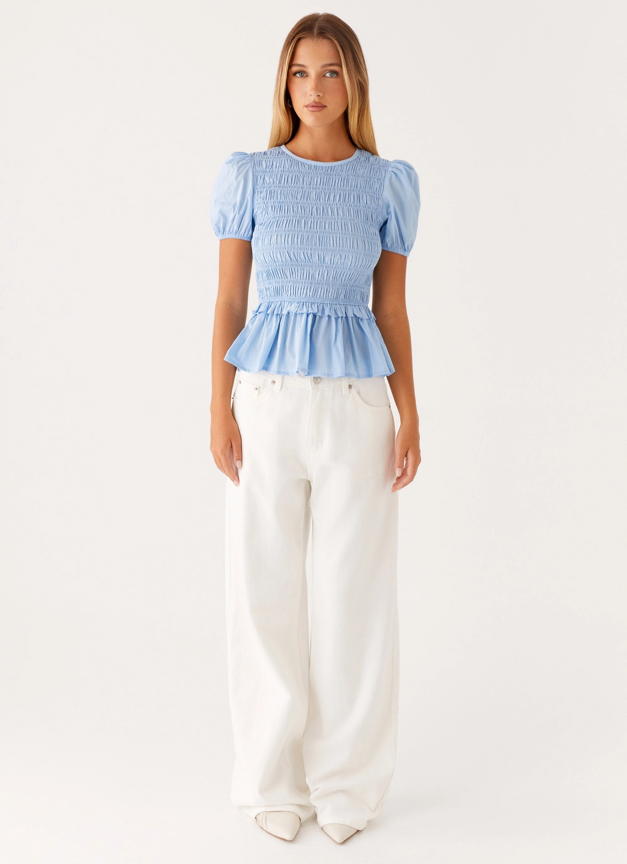 WideNeckline Izzy Shirred Top - Blue