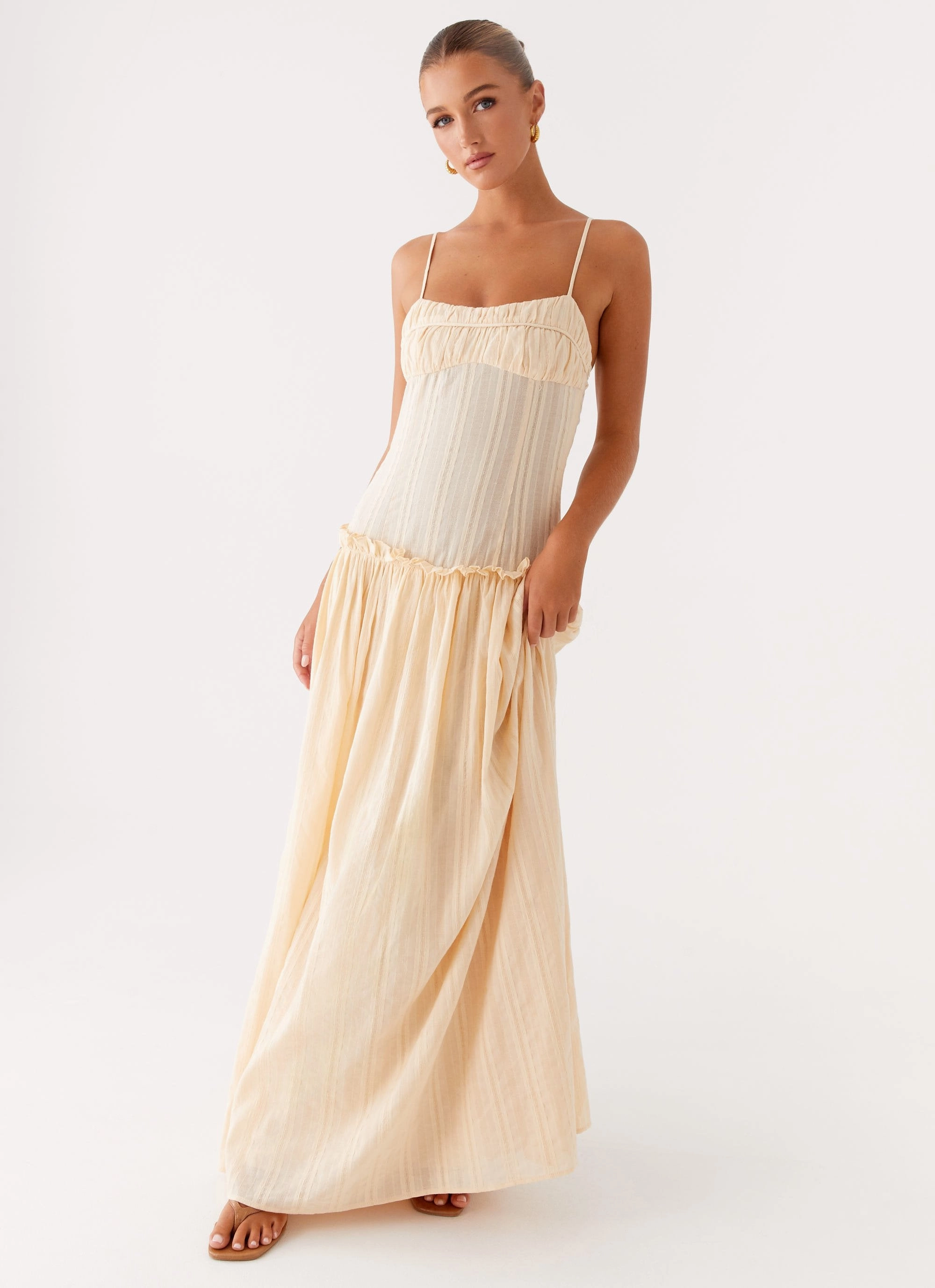 Jacinda Drop Waist Maxi Dress - Cream button detail