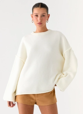 Multi Layer Construction High Density Weave Jack Oversized Knit Sweater - Cream