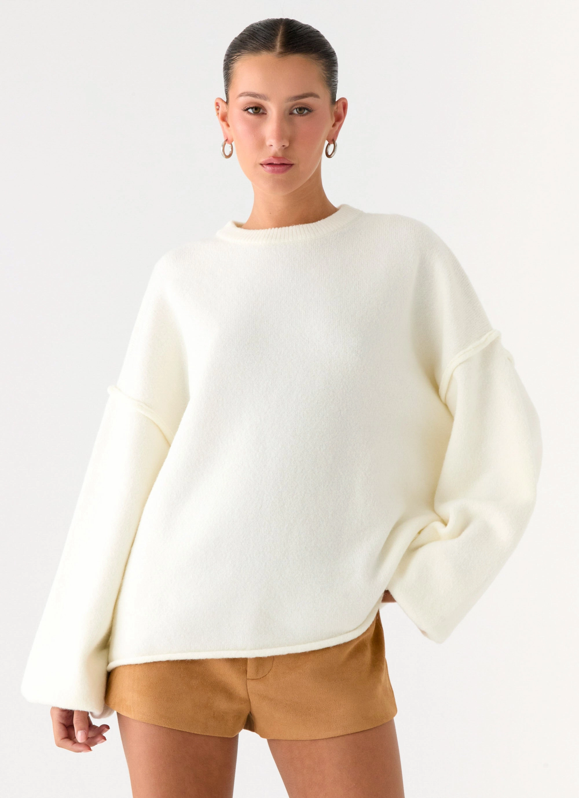 Multi Layer Construction High Density Weave Jack Oversized Knit Sweater - Cream