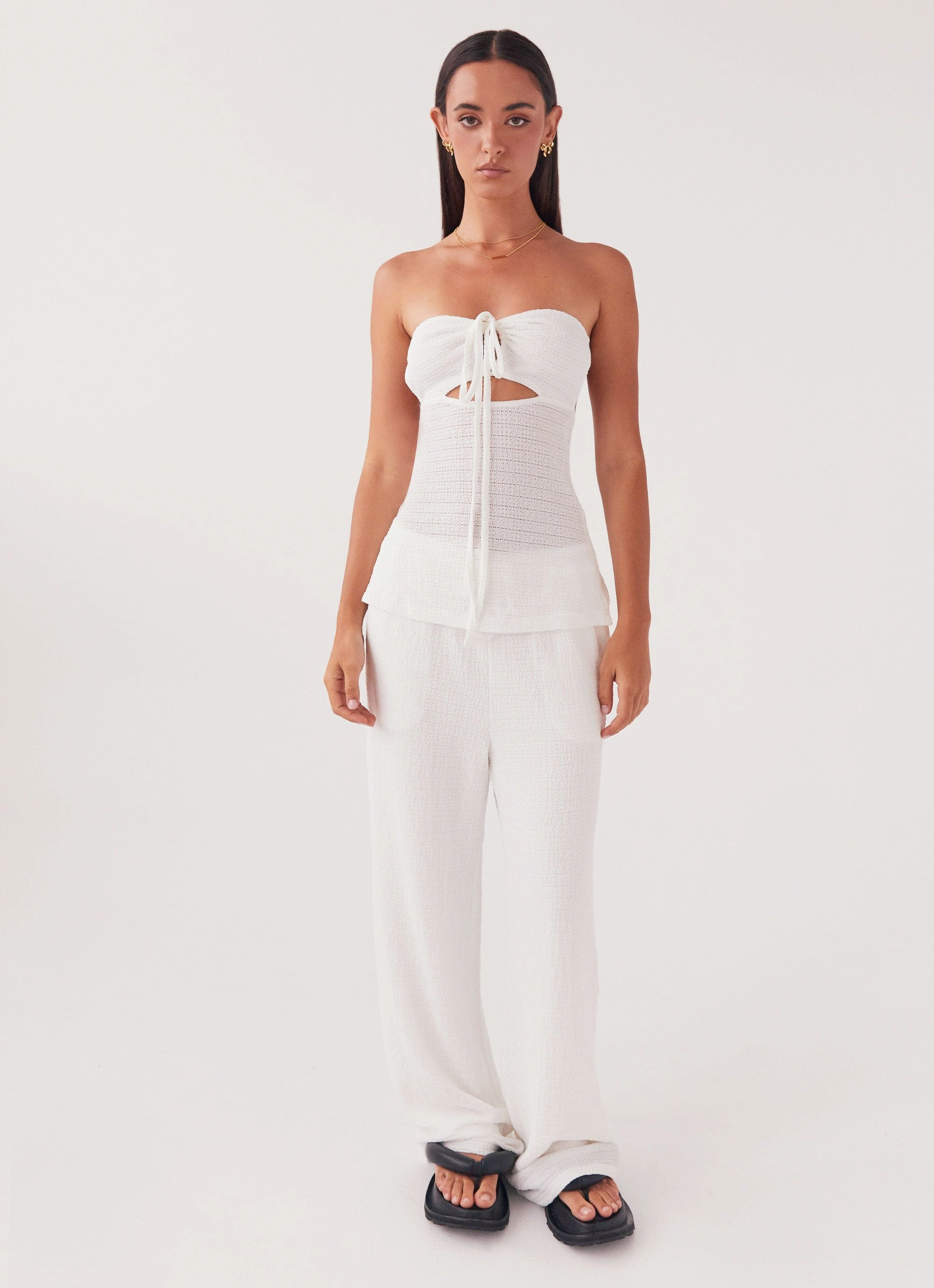 Jadey Strapless Waffle Top - White Seamless Welded Construction Hooded Versatile Design