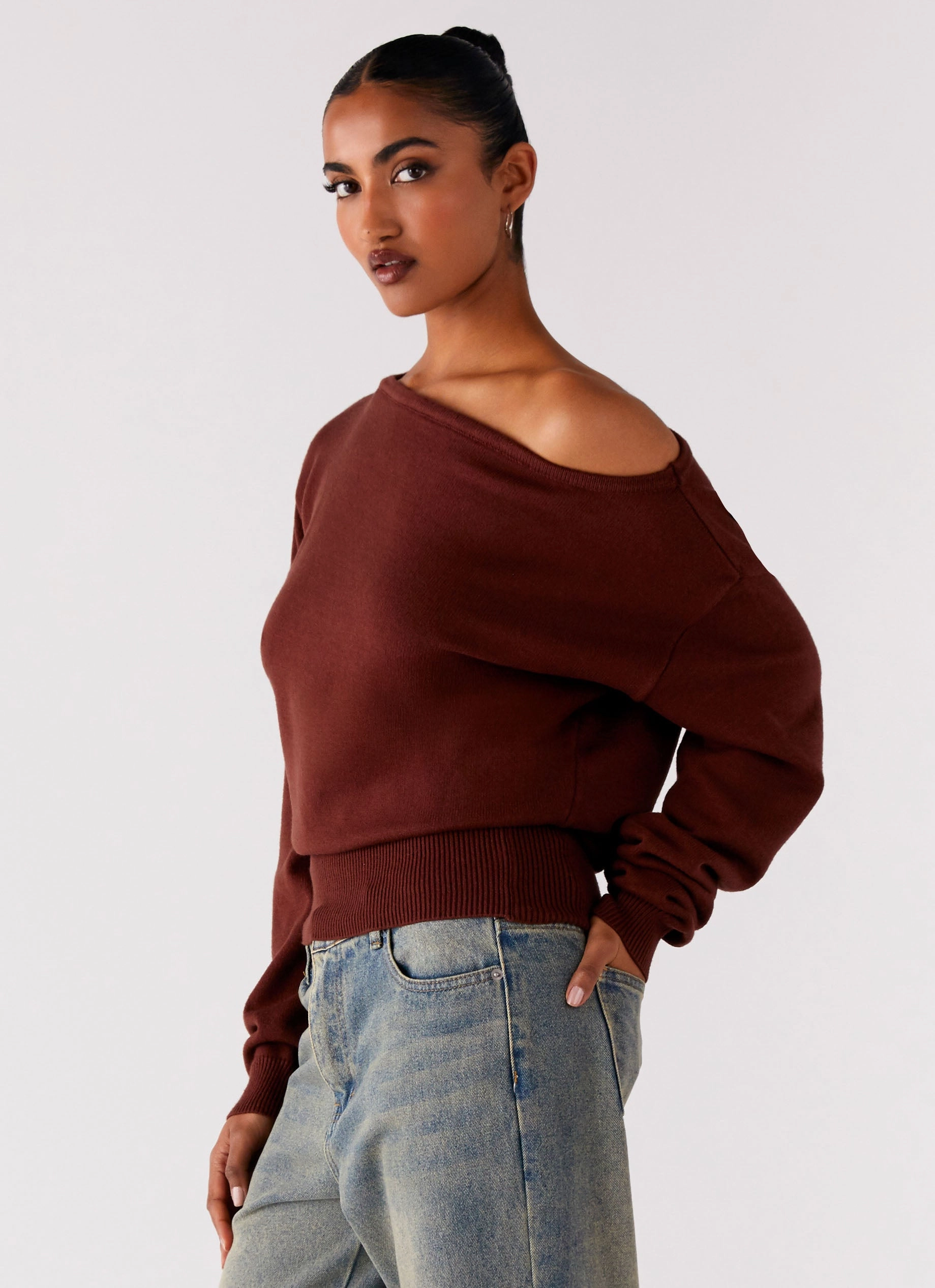 Jaelin Asymmetric Top - Chocolate NoRoll Hem Technology Airflow Optimized Weave