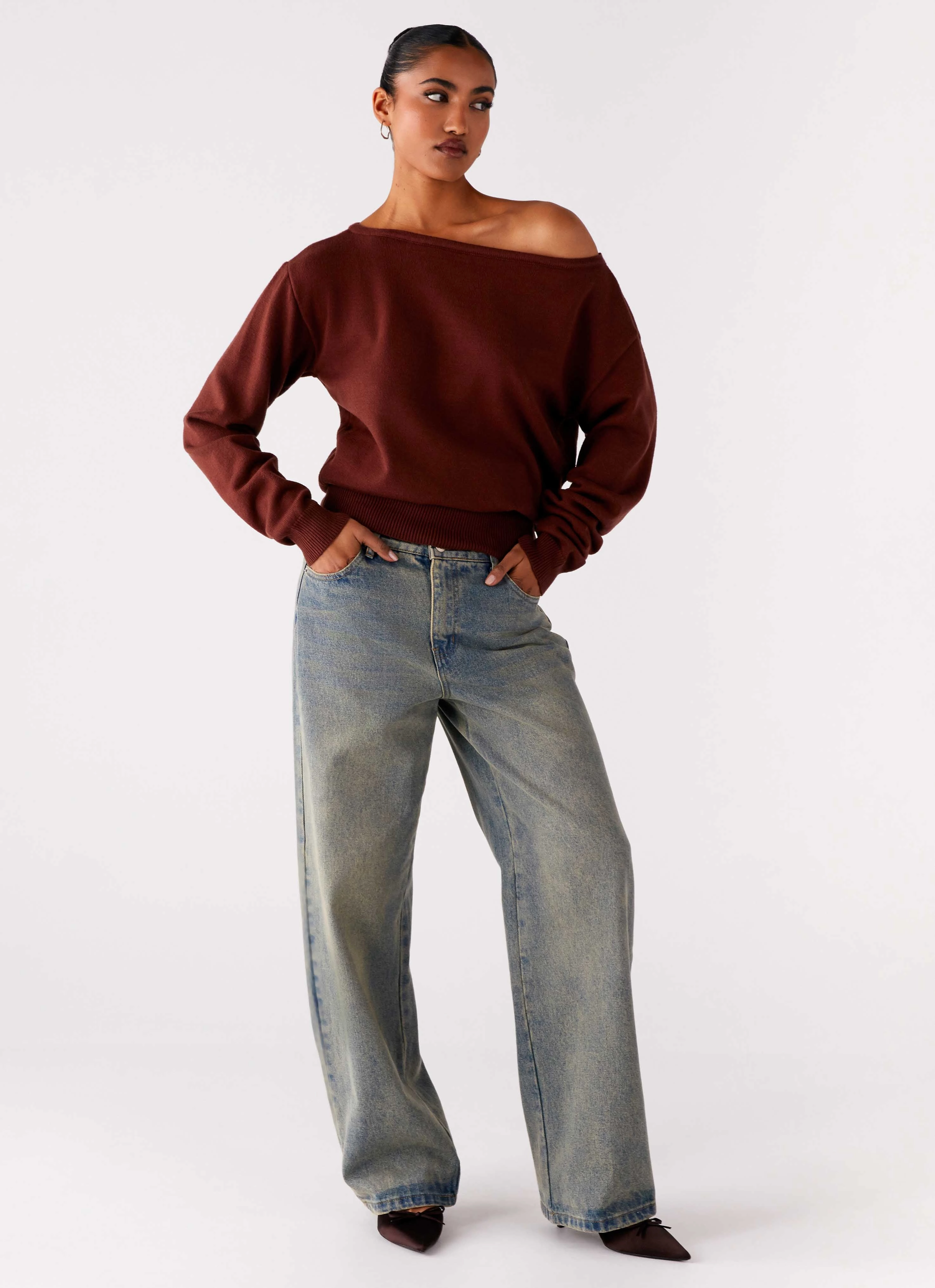 Seamless Knit Design Jaelin Asymmetric Top - Chocolate