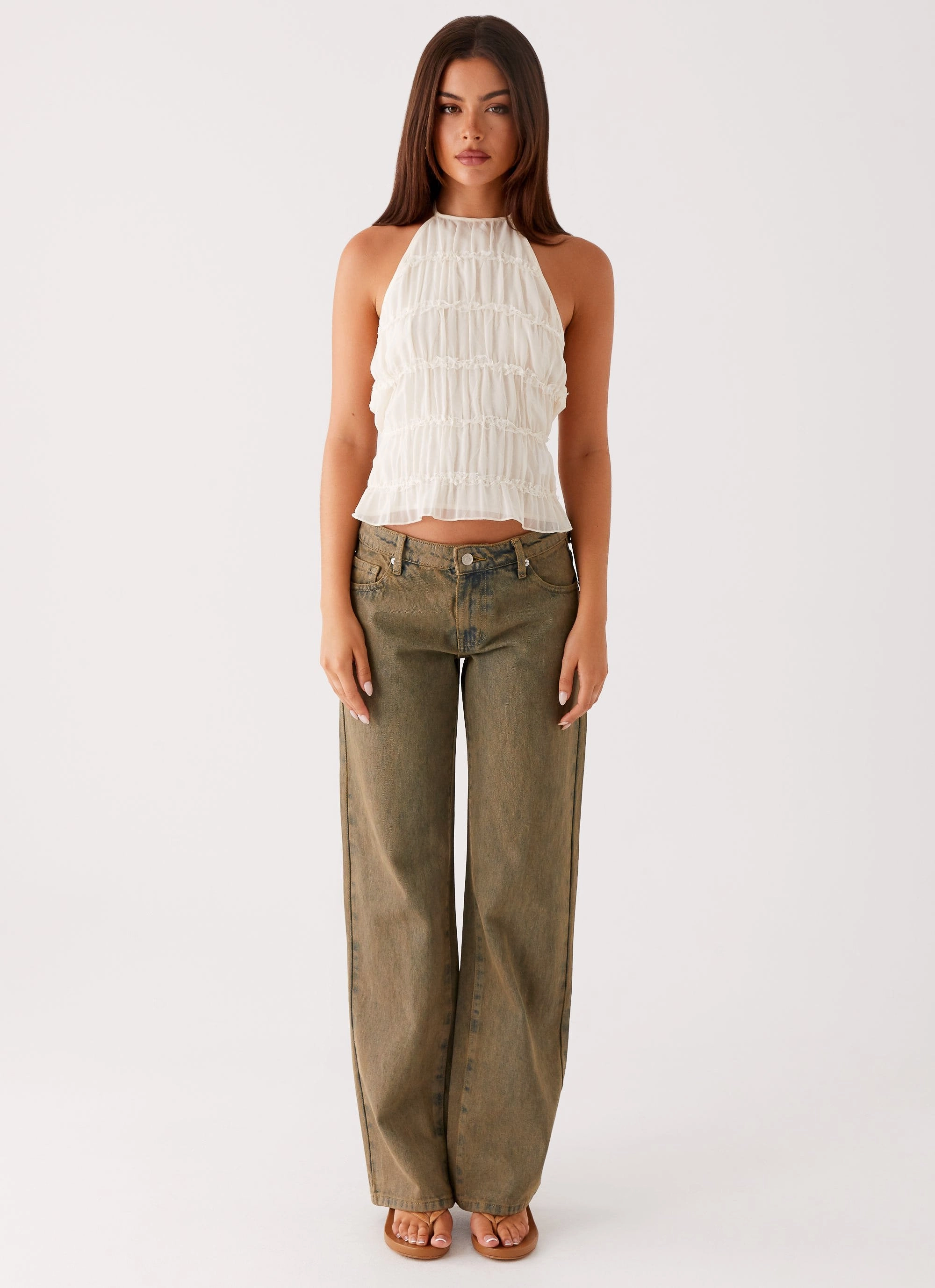 Flat waistband Jaiden Low Rise Denim Jeans - Brown Sand Wash