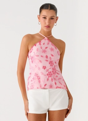 Janelle Beaded Halter Top - Pink Relaxed Sweatshirt