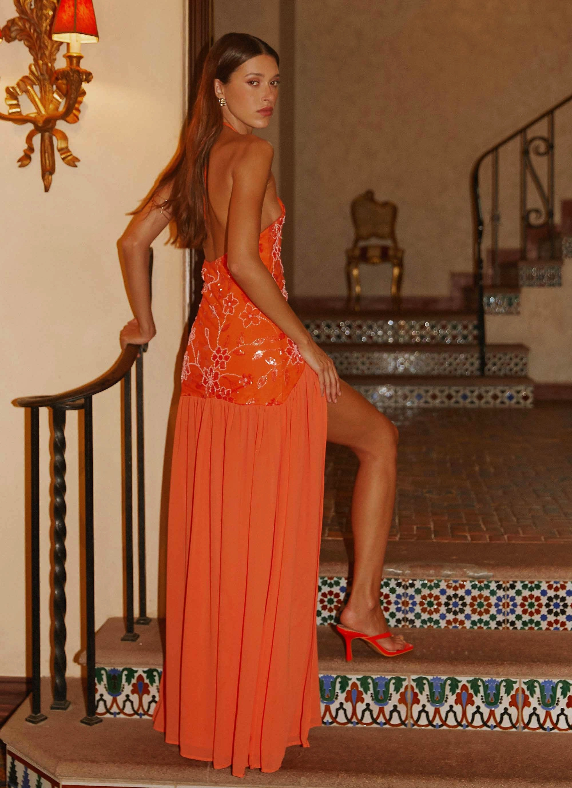 Janelle Beaded Maxi Dress - Orange Easy Layering V-Neck