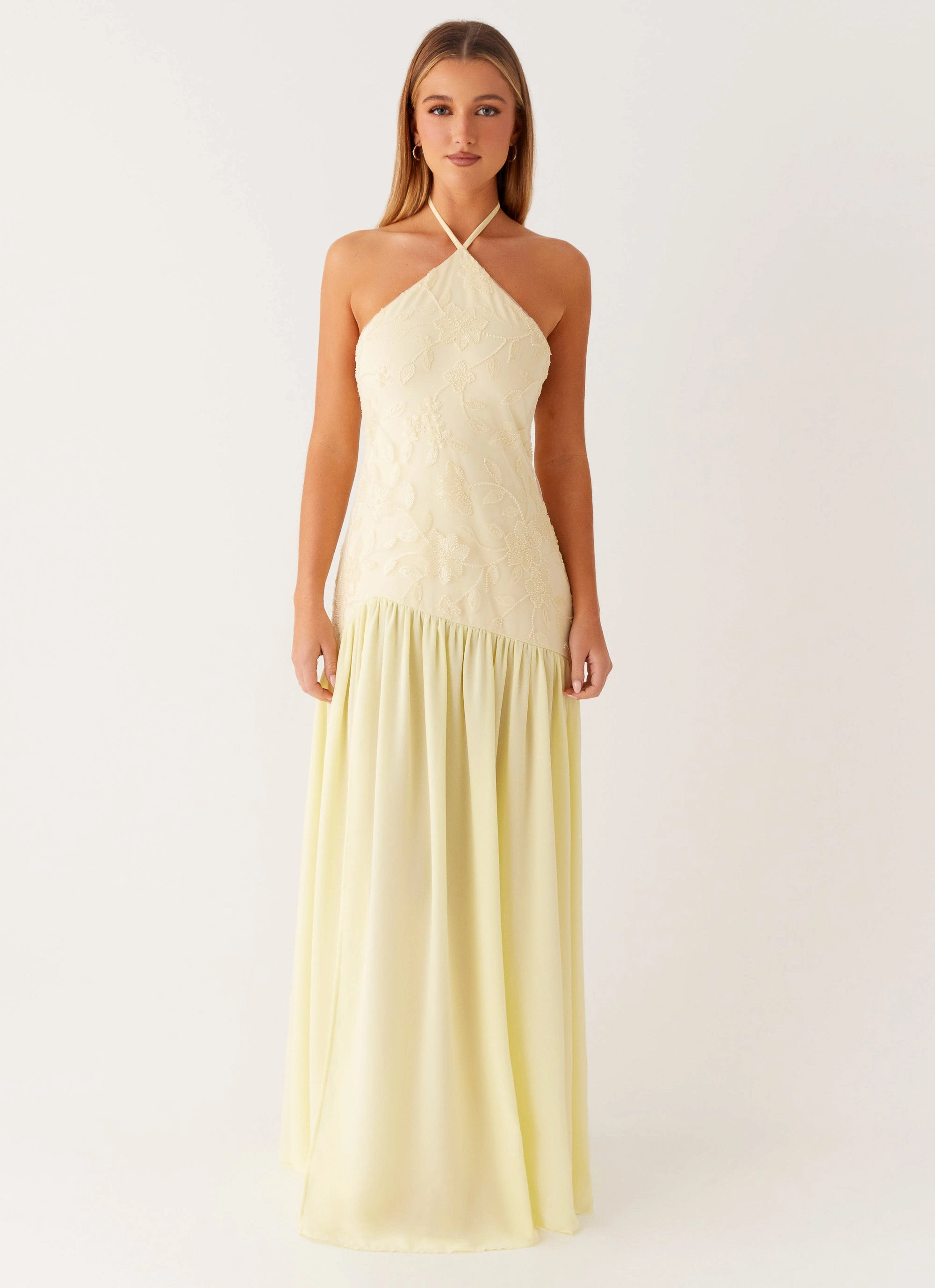 Janelle Beaded Maxi Dress - Yellow Silky Movement Floral Comfort