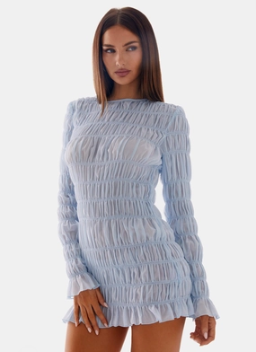 Jasy Long Sleeve Mini Dress - Sky Blue Thermal-Lined Wool-Blend