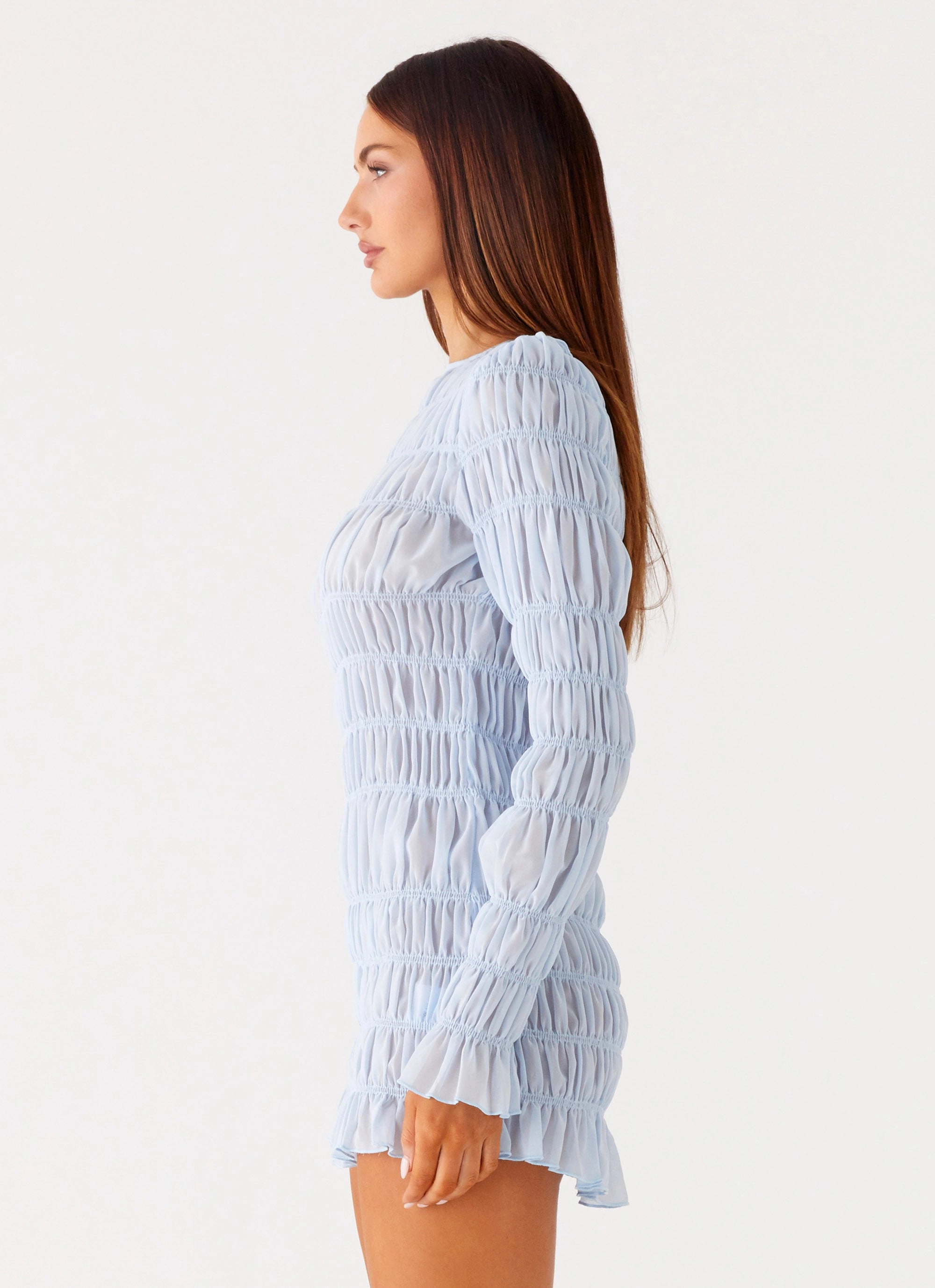 Jasy Long Sleeve Mini Dress - Sky Blue Velvet-Edge Photo Light