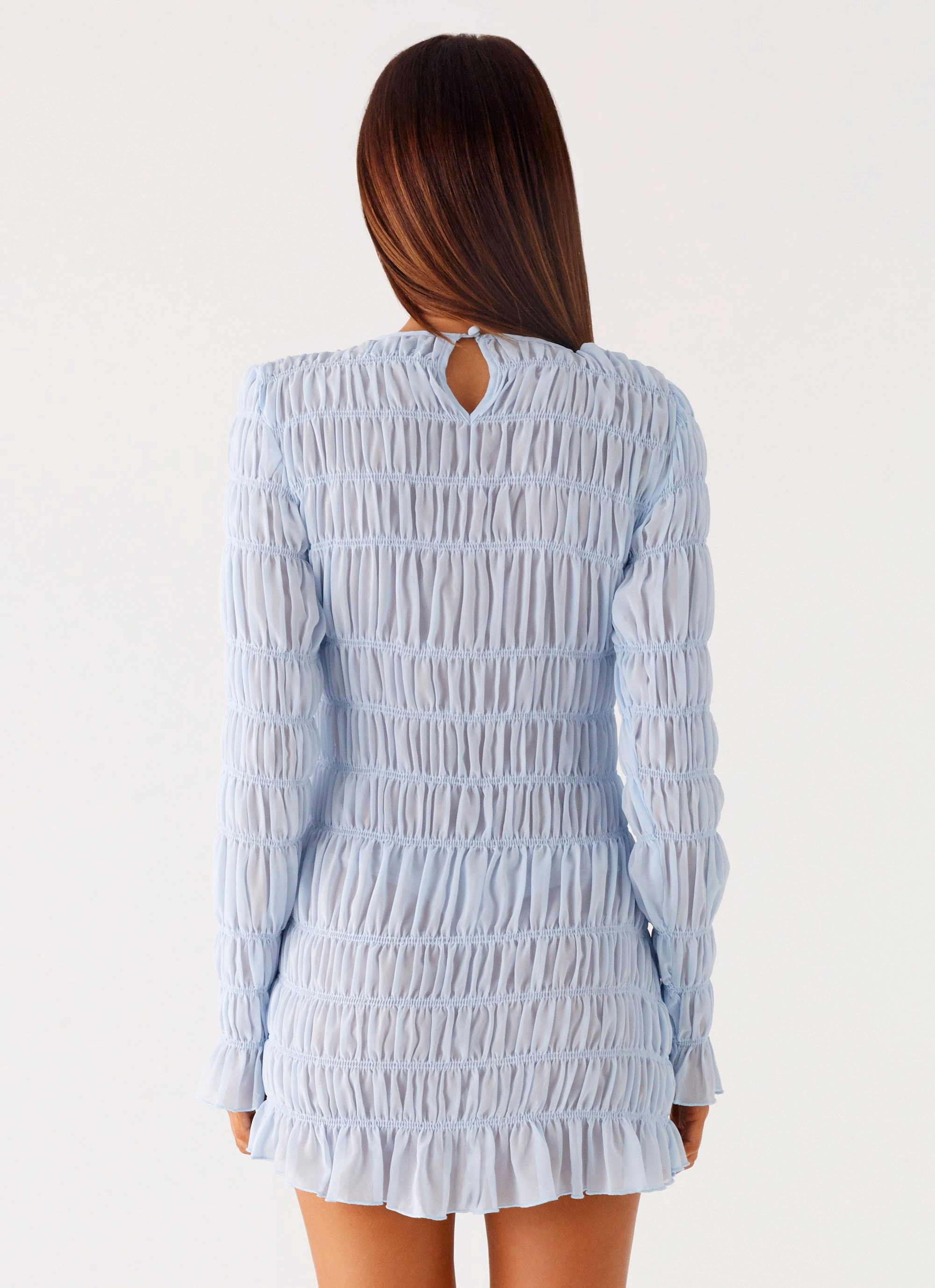 Metallic-Shine Easy-Storage Jasy Long Sleeve Mini Dress - Sky Blue