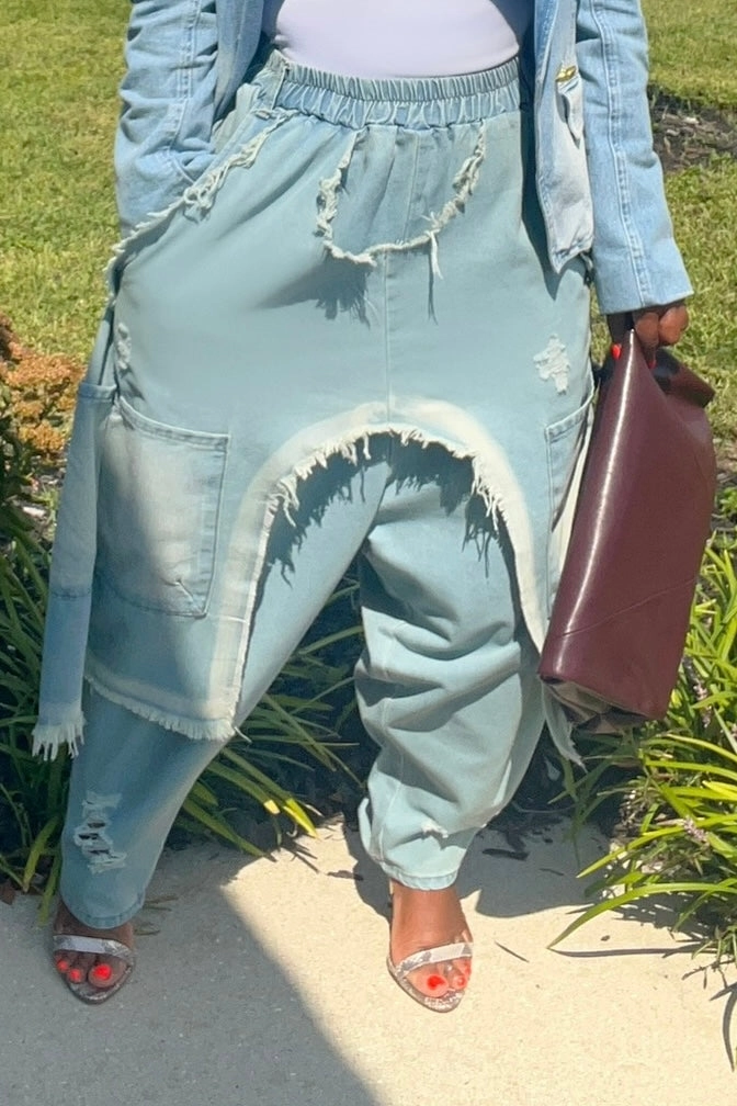 Jeena Distressed Oversize Drop-Crotch Denim Pants-Light Wash Static free Quick Move