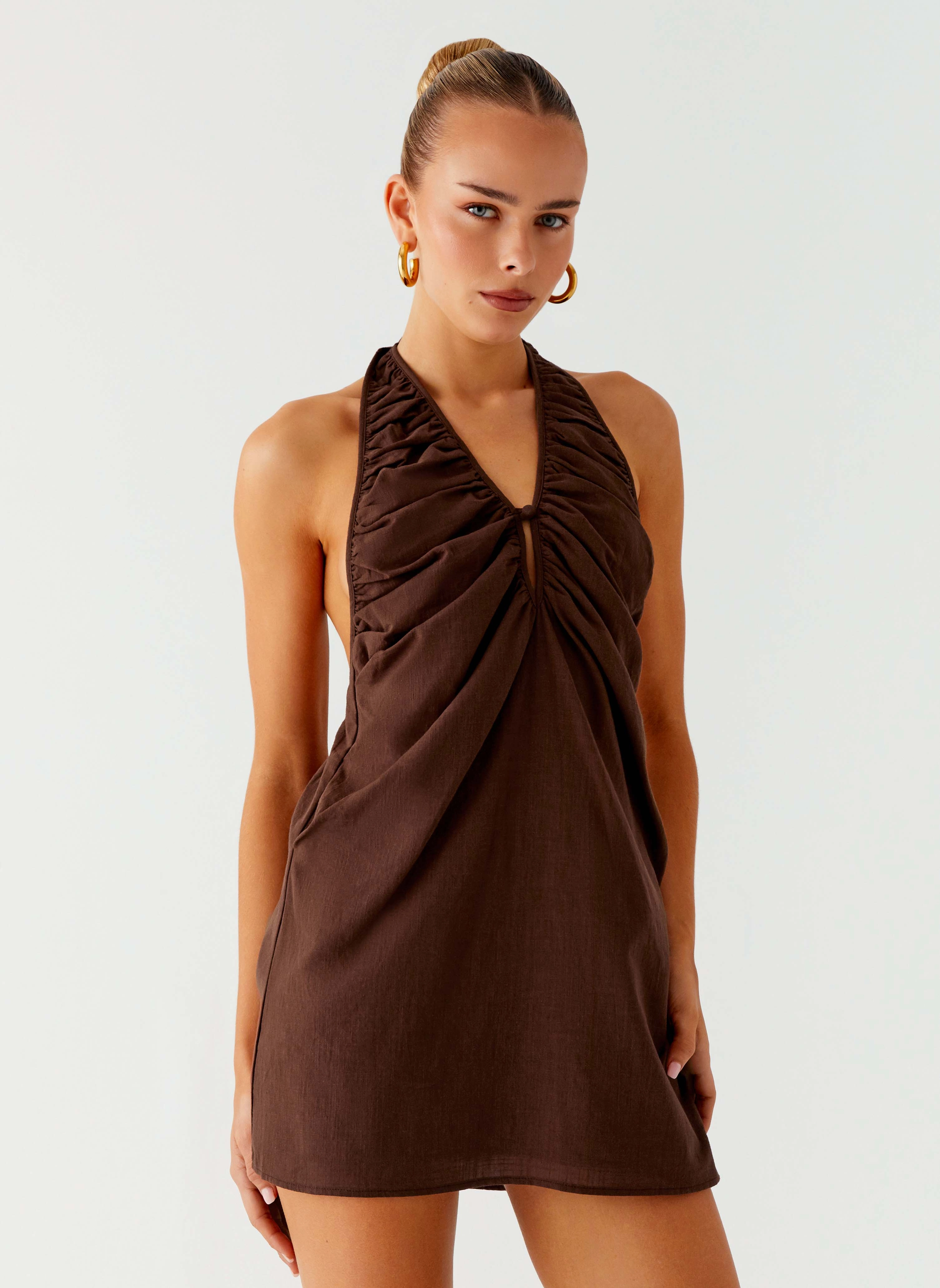 Jepsen Halter Mini Dress - Chocolate Side-Zip