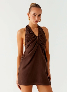 Jepsen Halter Mini Dress - Chocolate Side-Zip
