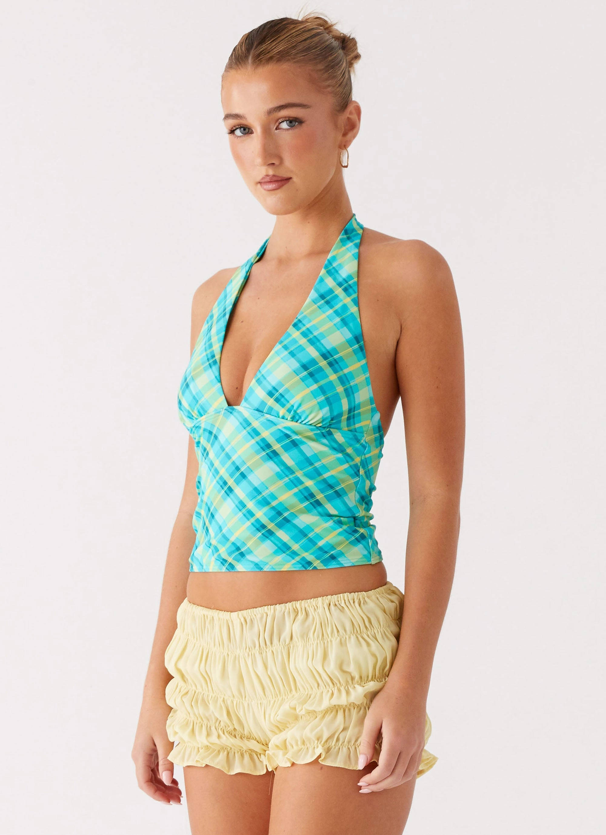 Jetsetter Halter Top - Green Check Lightweight Knit Tapered Cut