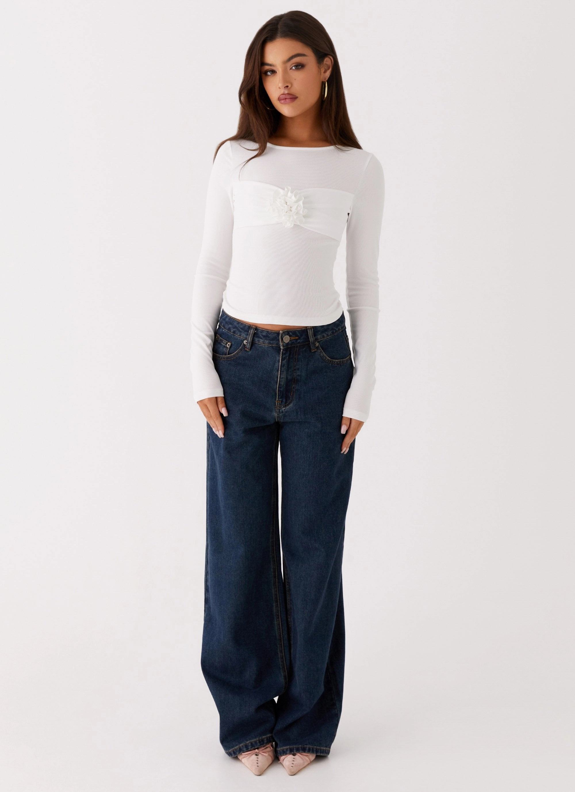 Jeyda Long Sleeve Rose Top - White Casual Long Sleeve RibbedNeckline