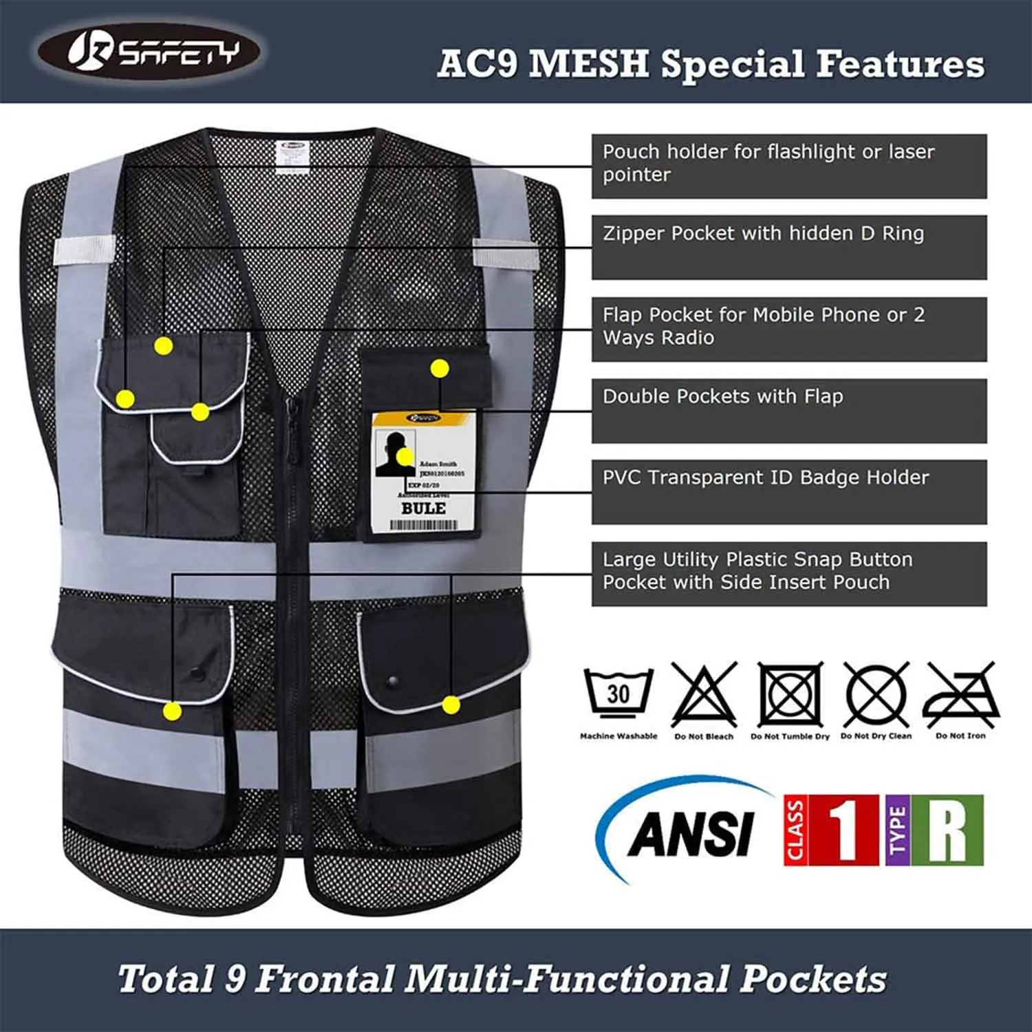 JKSafety 9 Pockets Mesh Hi-Vis Reflective Safety Vest (JK159)
