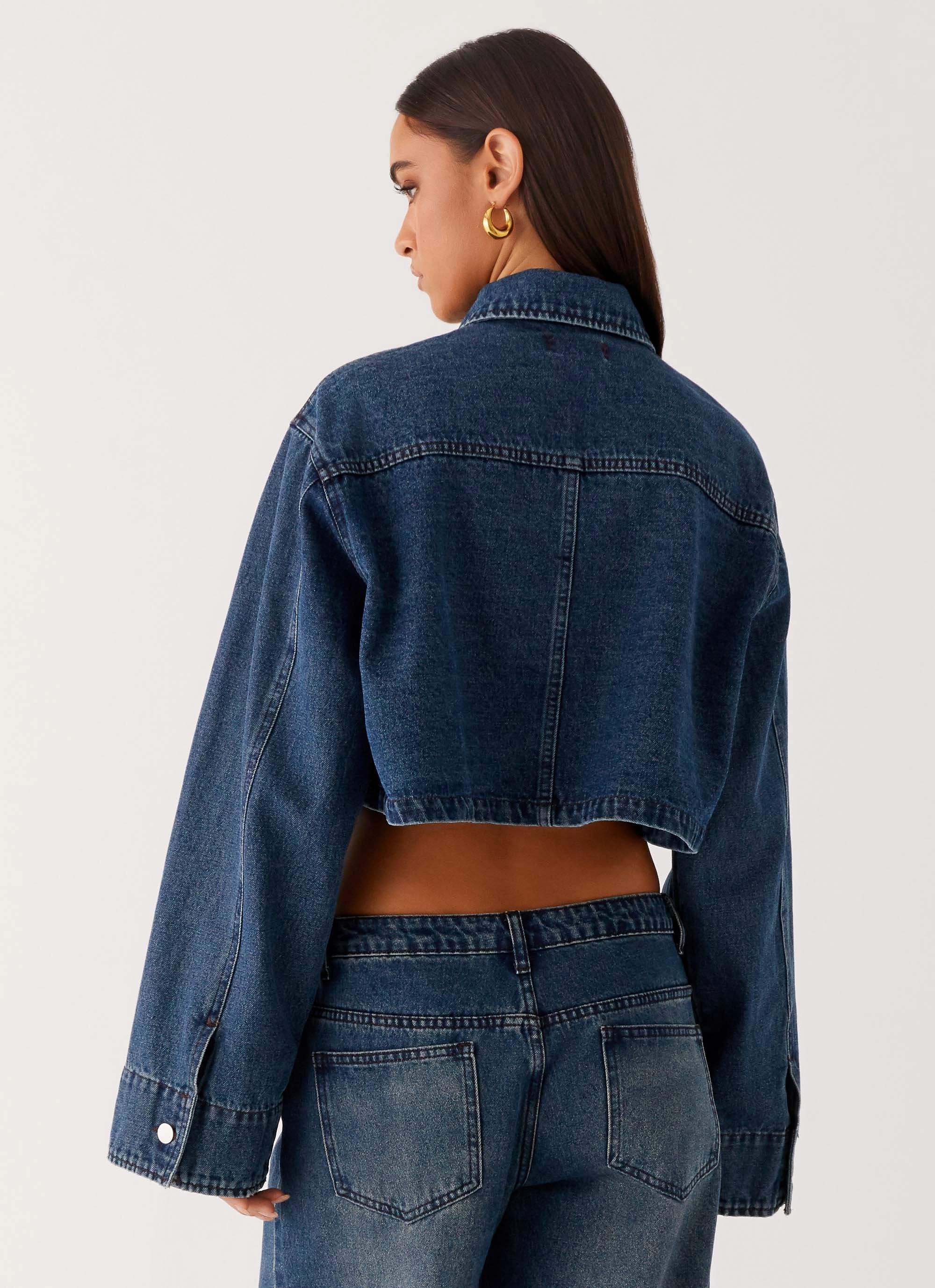 Joan Cropped Denim Jacket - Indigo Flexible Shoulder Heavyweight Fabric