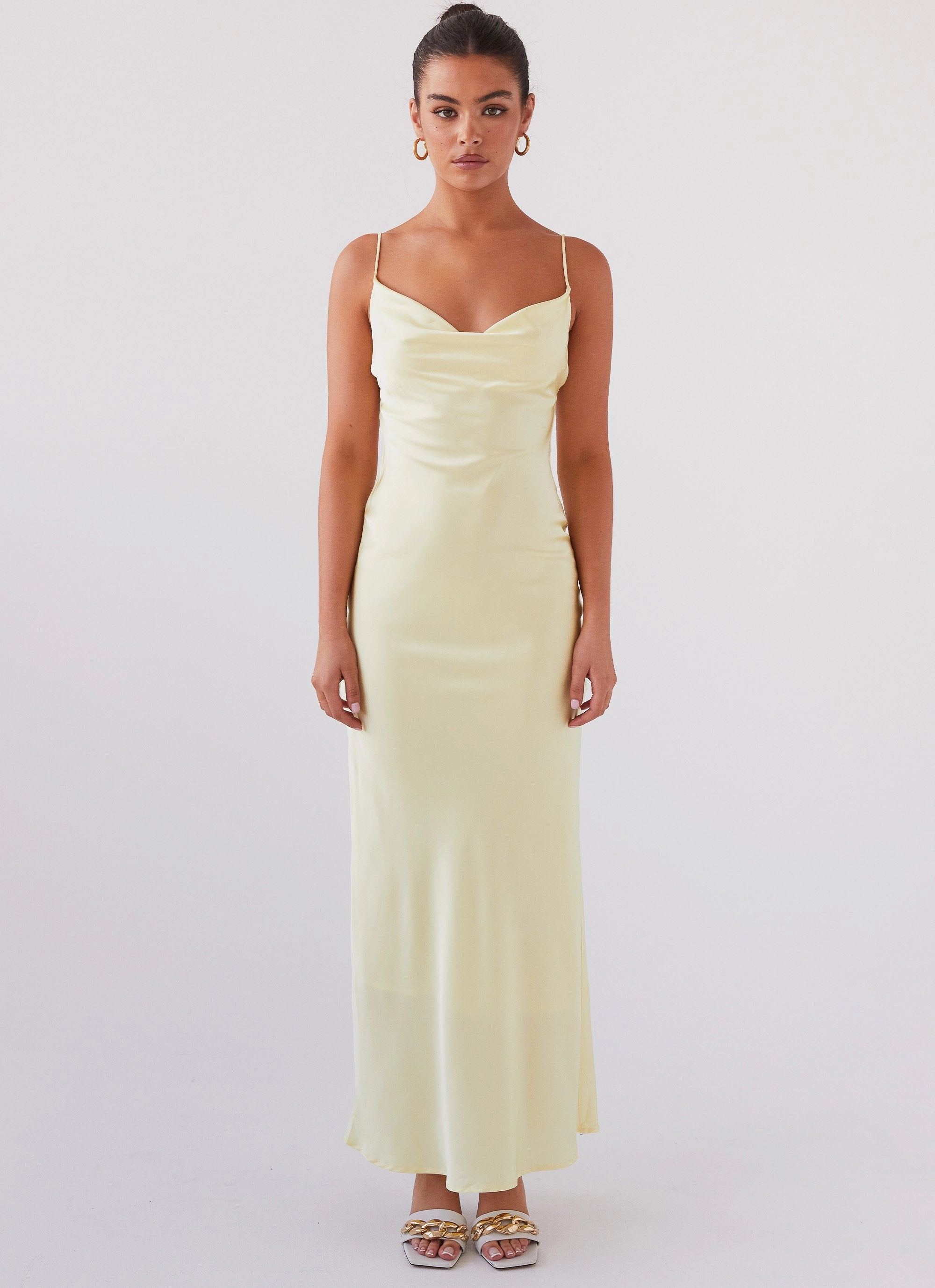 Joanna Satin Maxi Dress - Lemon Nordic Plain