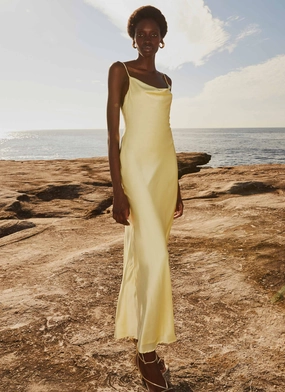 Joanna Satin Maxi Dress - Lemon Motion Light