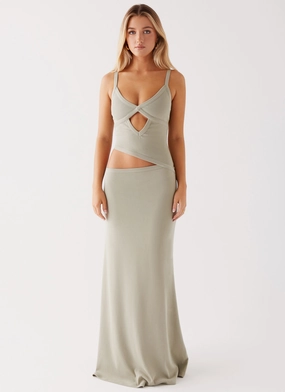 Raw-Hem Calm Aesthetic Jocelyn Maxi Dress - Sage