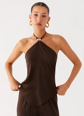 Jorjianna Halter Top - Chocolate Buttery Soft Feel Button Down Collar