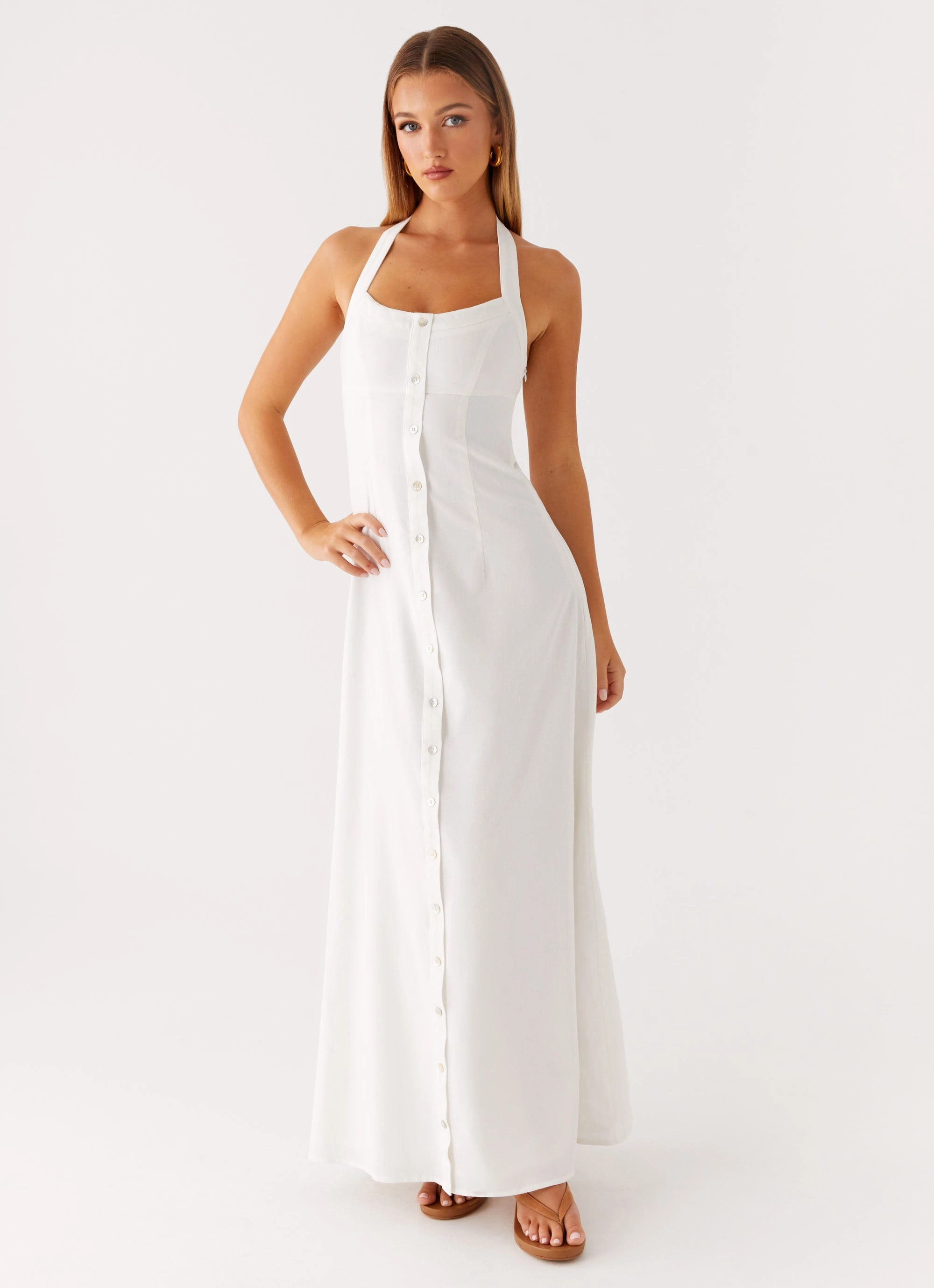 Jovanni Maxi Dress - White Office Friendly Button-Cuff