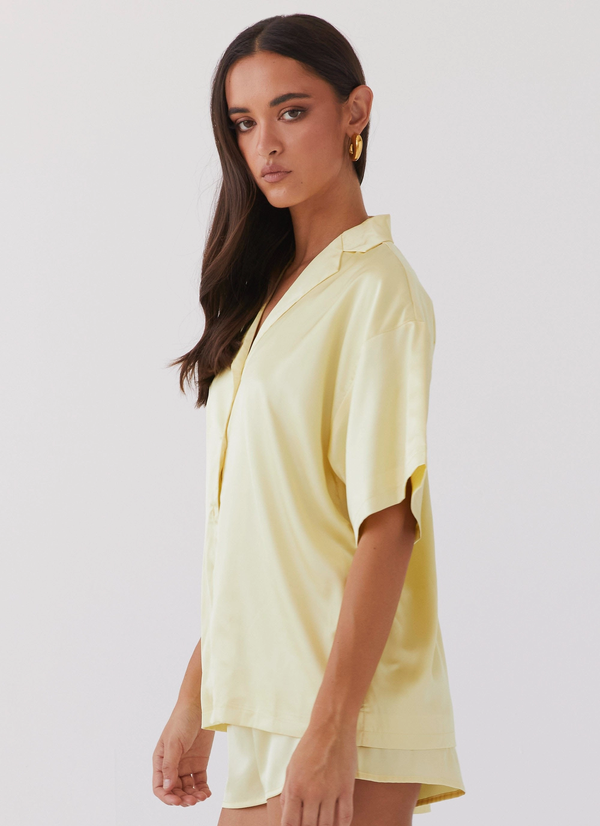 Day Hike Style Eco Friendly Dye Process Julia Satin Oversized Shirt - Lemon