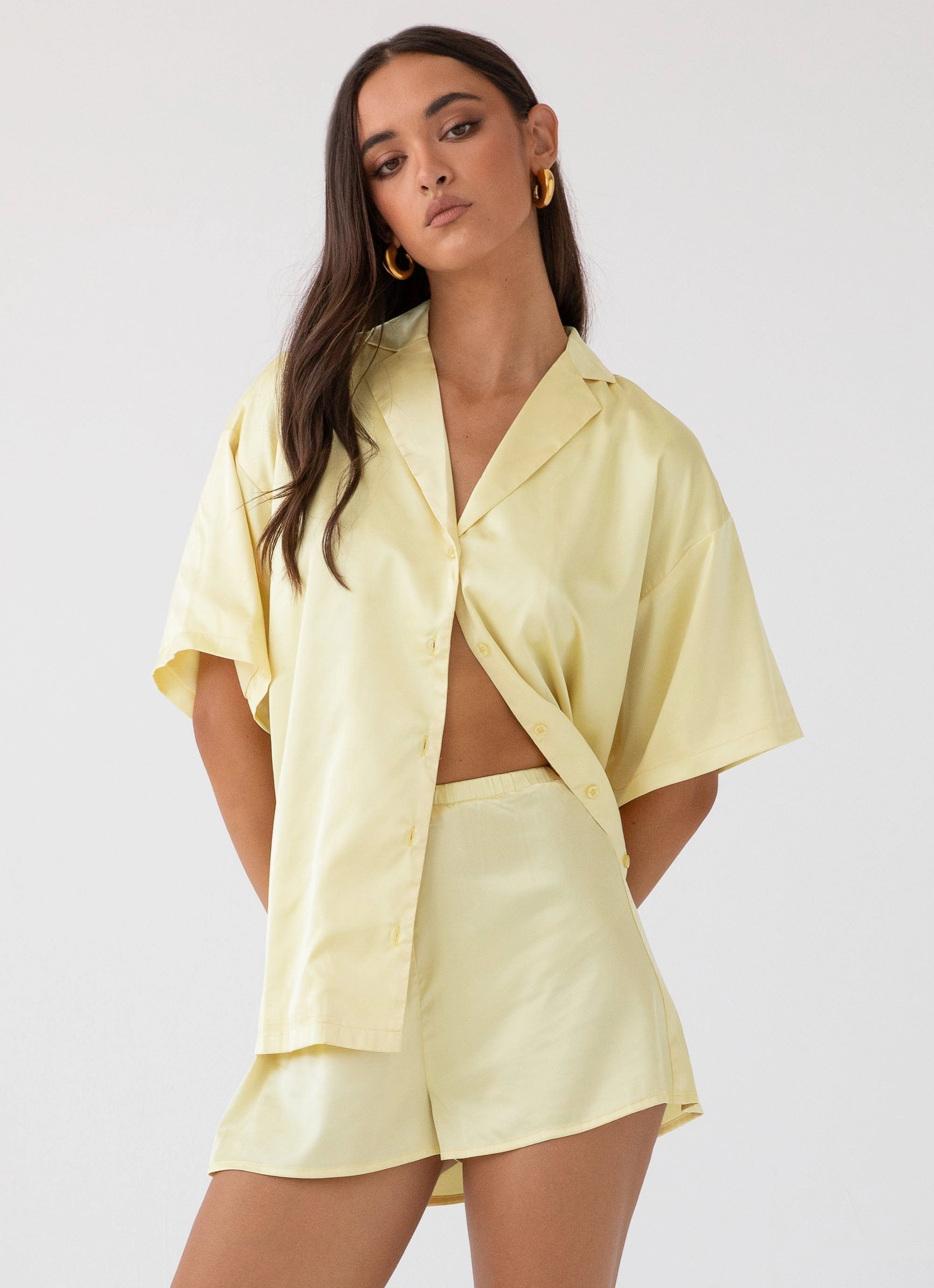 Julia Satin Oversized Shirt - Lemon MultiLayerSystem Seamless Knit Cuffs