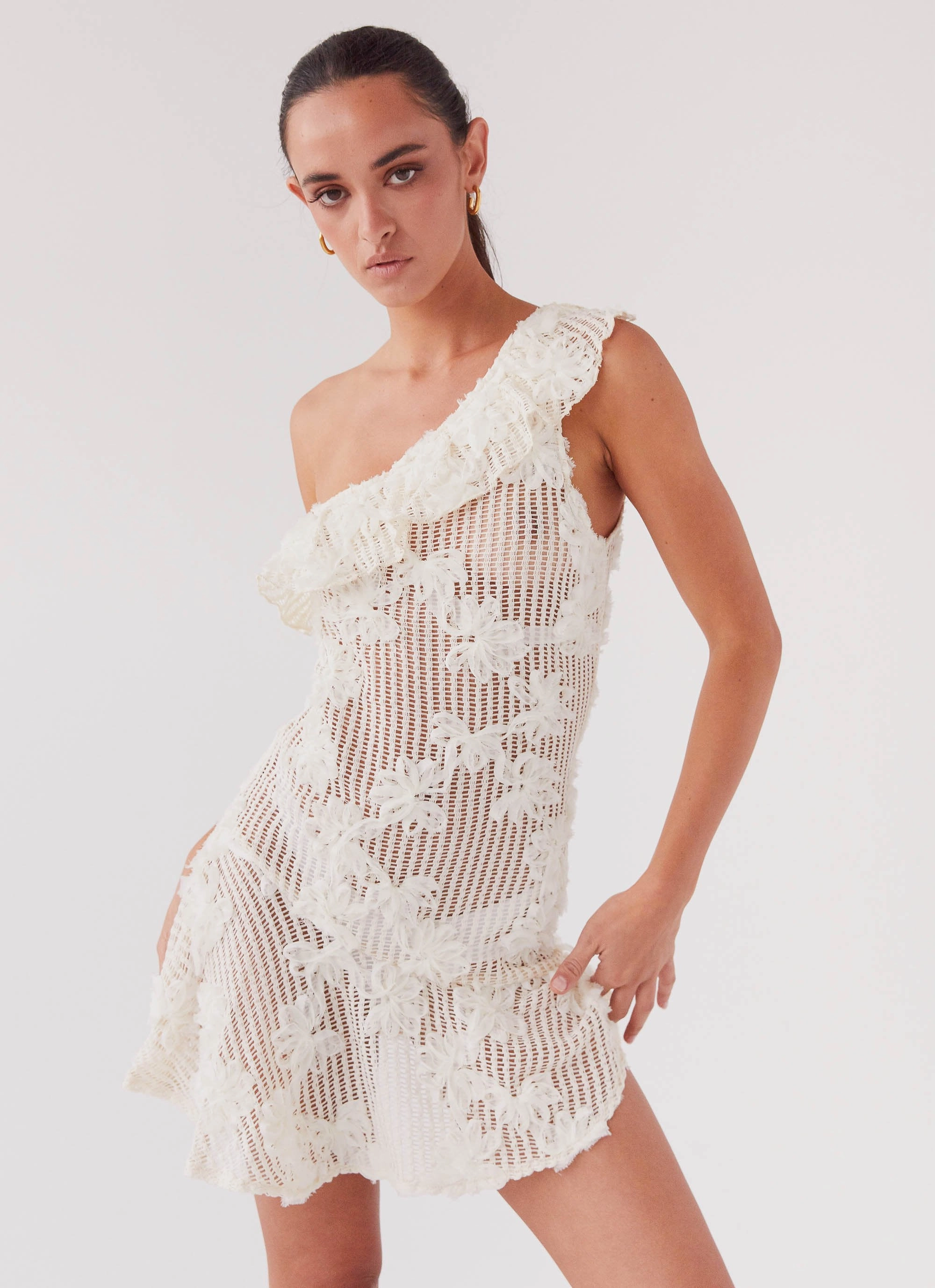 Smart and Elegant Walk Mood Juliette Embroidered Mini Dress - Ivory Tea