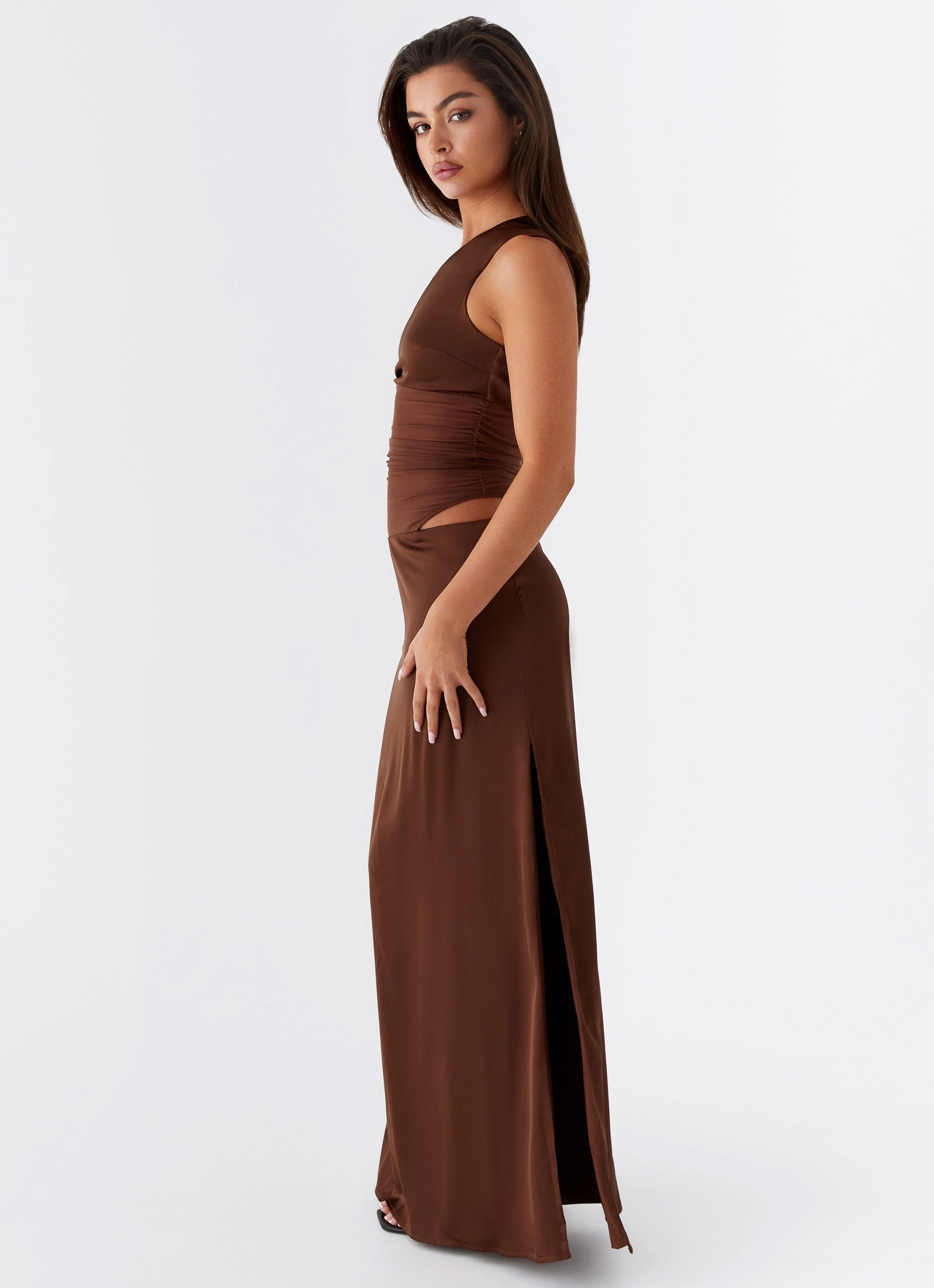 Ruffle-Detail Glossy Fabric Juliette Maxi Dress - Chocolate
