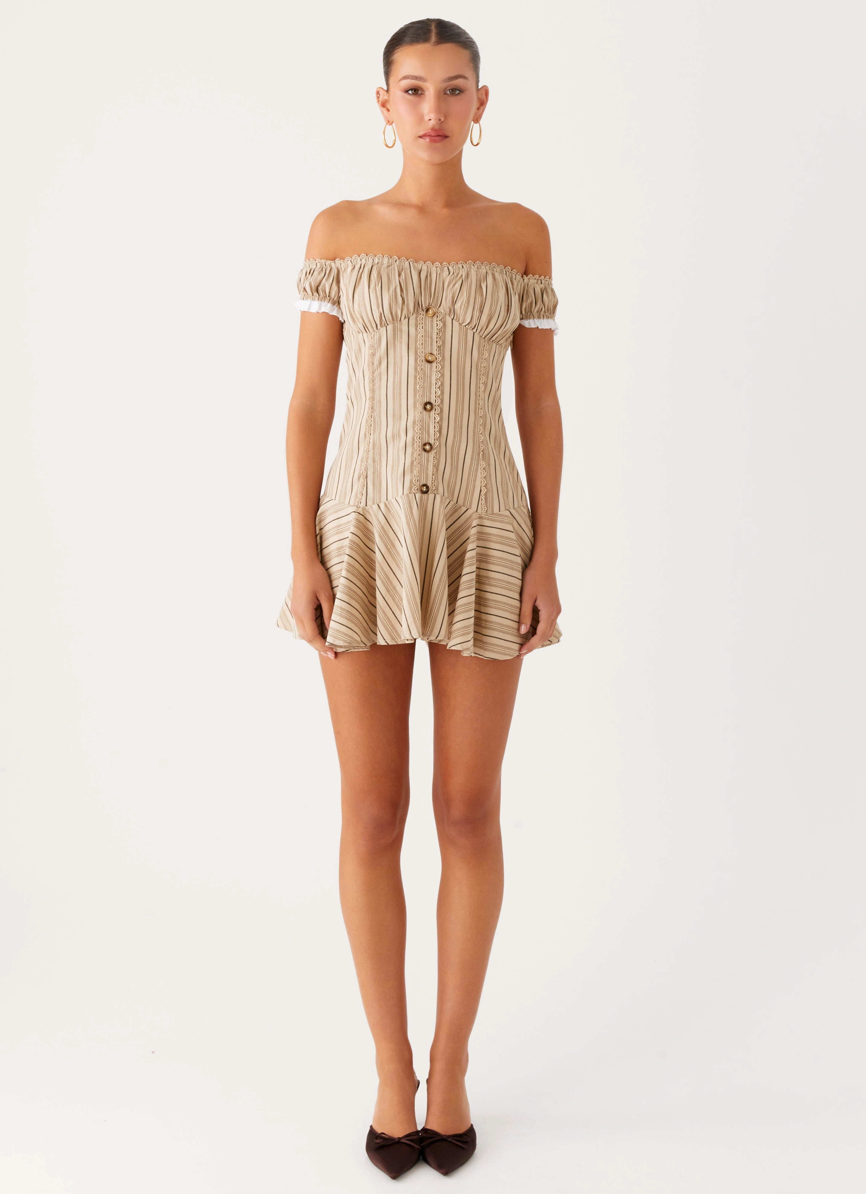 Jumana Off Shoulder Mini Dress - Off White Stripe Soft Movement
