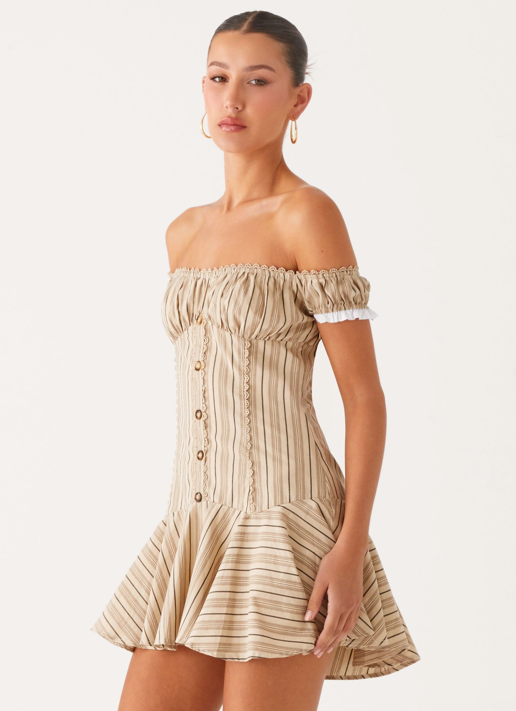 Sleek Flex Jumana Off Shoulder Mini Dress - Off White Stripe