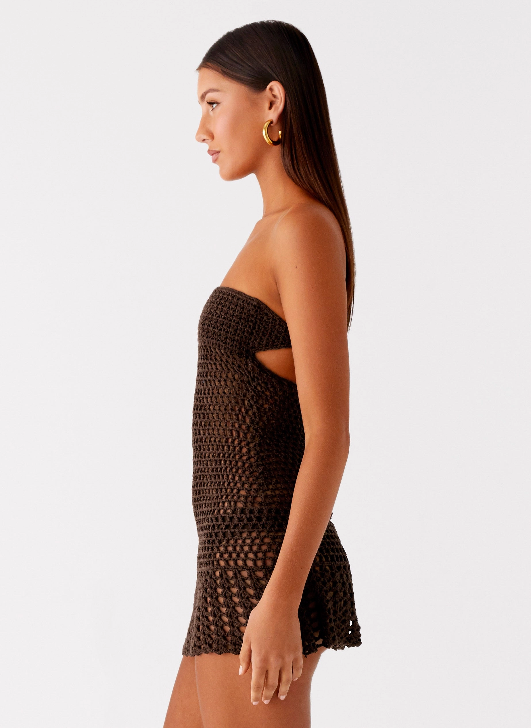 Mesh-Sleeve Kaiane Strapless Crochet Mini Dress - Chocolate
