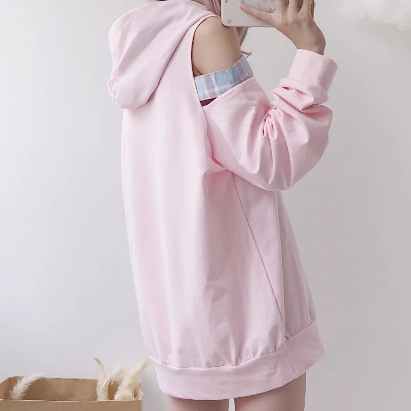 Kawaii Off-shoulder Pink Hoodies