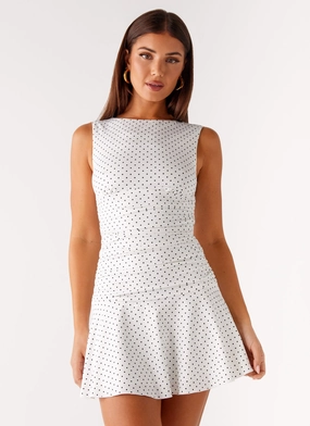Kelda Mini Dress - White Polka Dot Flowy-Shape