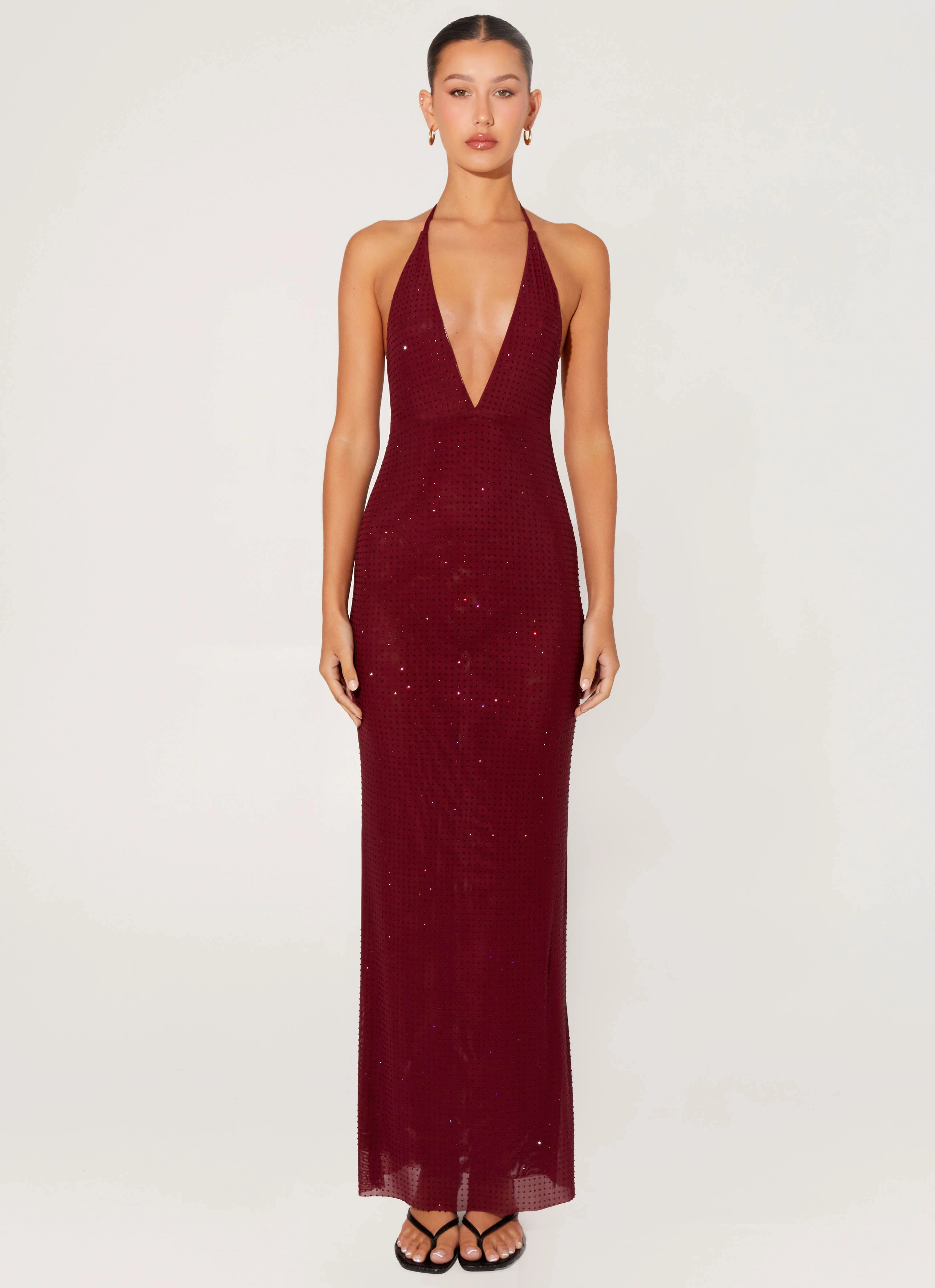 Keliese Beaded Maxi Dress - Burgundy breathable-mesh