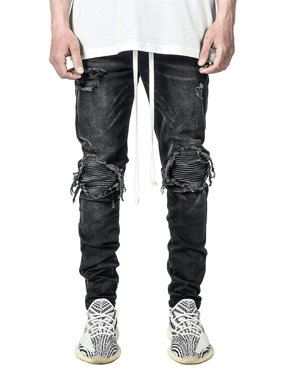 KELYWELL Men's Stretchy Ripped Skinny Biker Jeans Straight Leg Stretchy Knee Holes Denim Pants for Men Tapered Leg Pants (XXX-Large,Black)