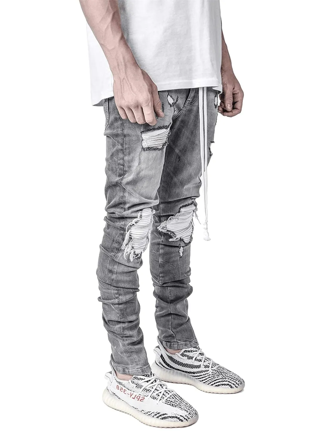 KELYWELL Men's Stretchy Ripped Skinny Biker Jeans Straight Leg Stretchy Knee Holes Denim Pants for Men Tapered Leg Pants (XXX-Large,Grey)