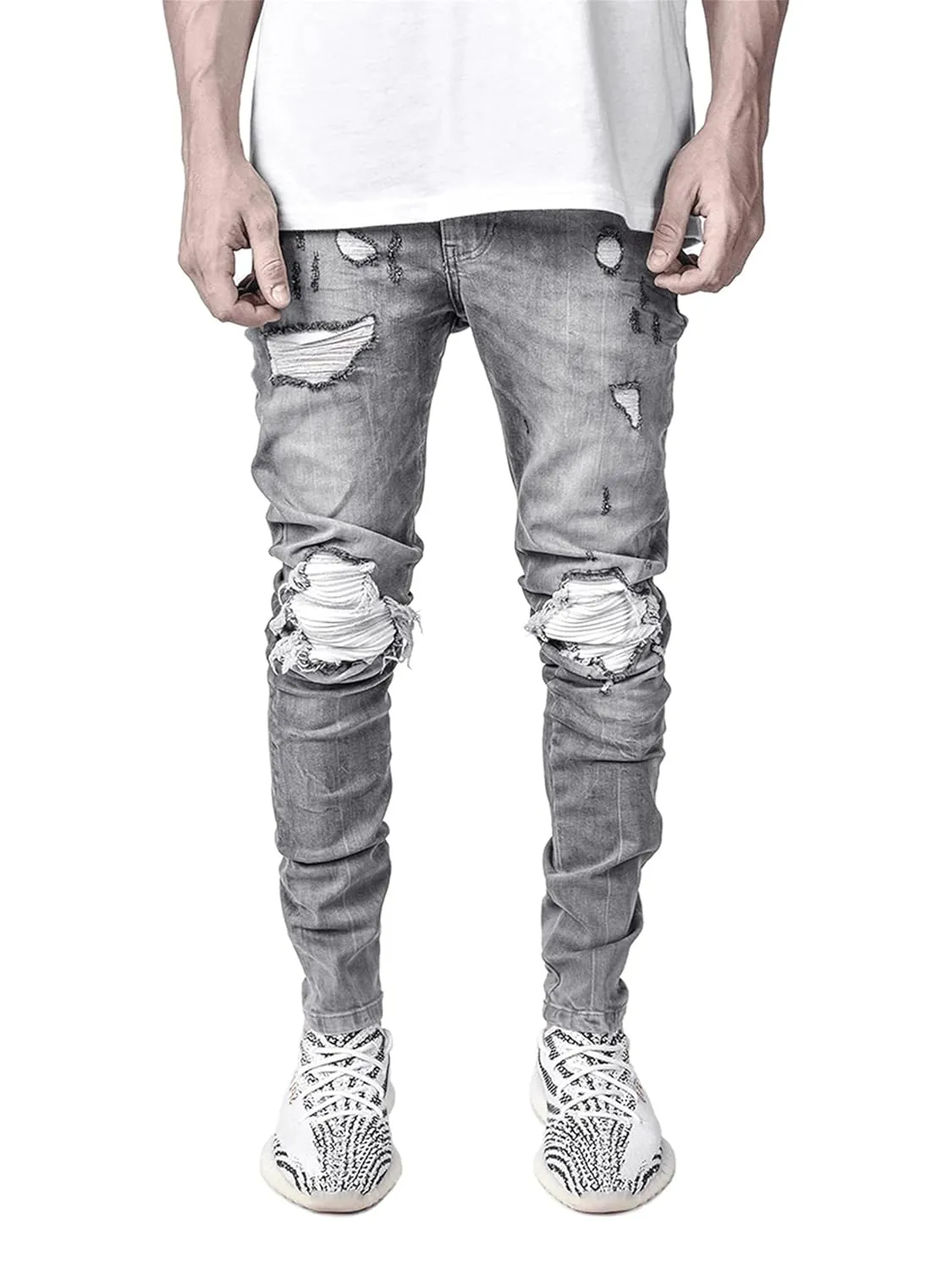 KELYWELL Men's Stretchy Ripped Skinny Biker Jeans Straight Leg Stretchy Knee Holes Denim Pants for Men Tapered Leg Pants (XXX-Large,Grey)