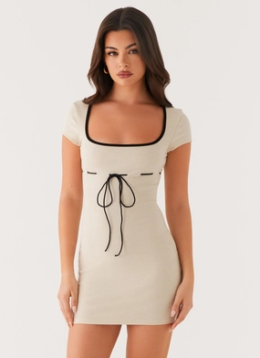 Keoni Ribbed Mini Dress - Oatmeal Dropped-Waist