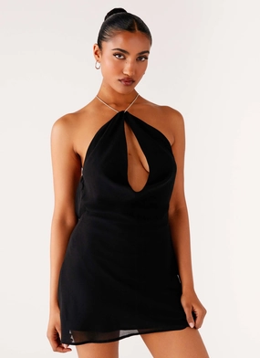Key Hole Cowl Neckline Mini Dress - Black Drawstring-Closure ReinforcedHem