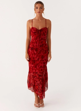 Polished Edge Minimal Detail Sally Midi Dress - Deep Red Floral