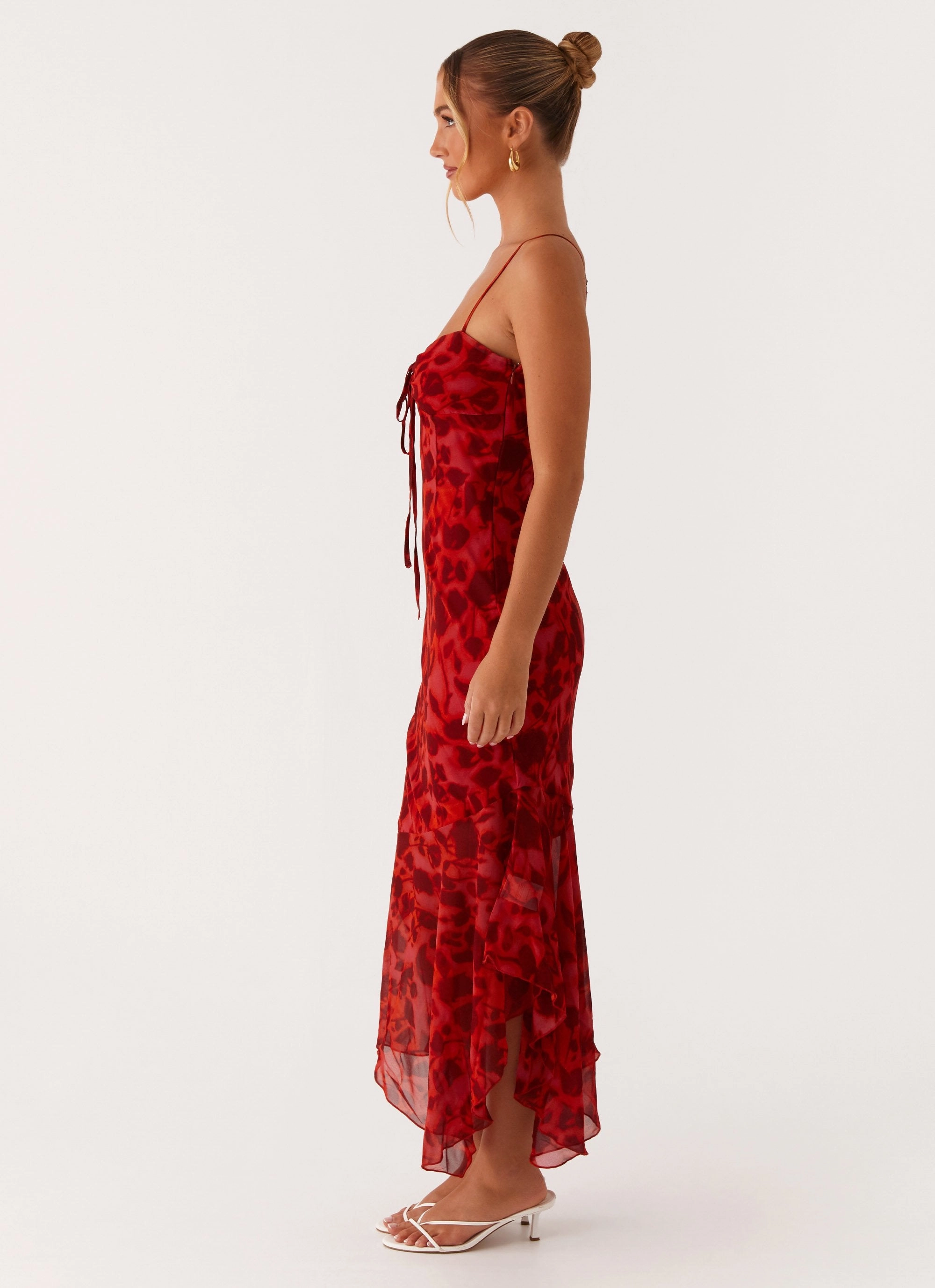 Sally Midi Dress - Deep Red Floral EasyCareMaterial Lounge Style