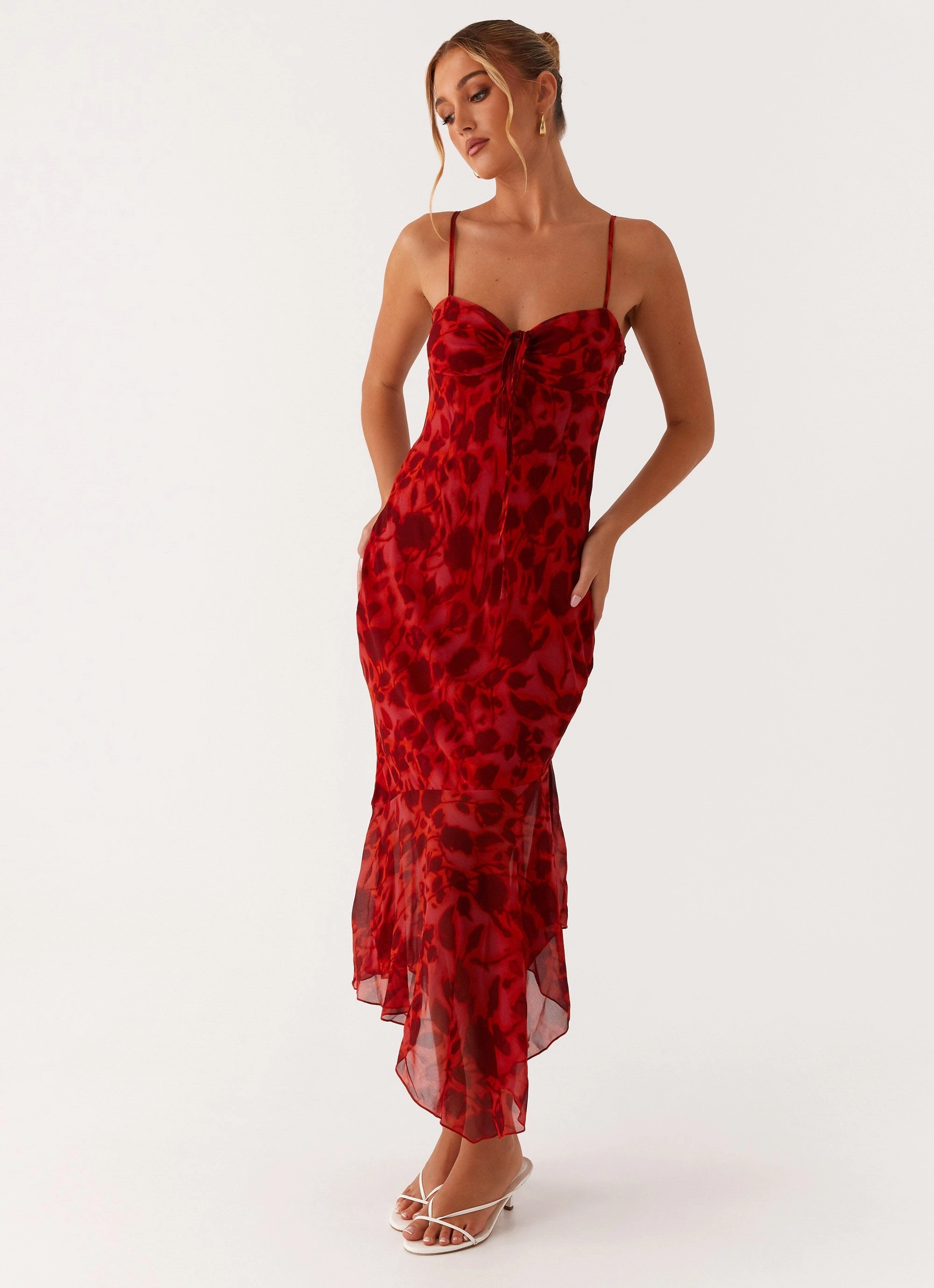 Smart and Polished City-Style Sally Midi Dress - Deep Red Floral